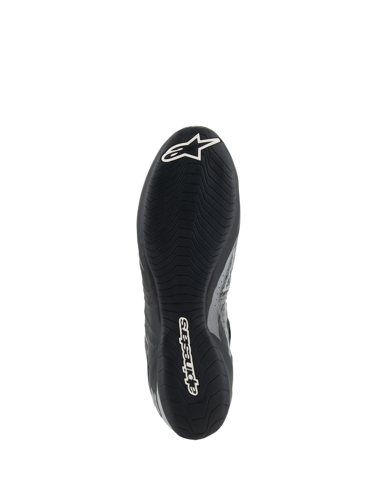 Chaussures Alpinestars Tech-1 Z V3 FIA, vue de la semelle de la chaussure de course Noir Argent, dotées d'une semelle extérieure fine en caoutchouc dérivée de la F1 avec bande de roulement asymétrique, marquage blanc comprenant le logo Astar et le lettrage Alpinestars