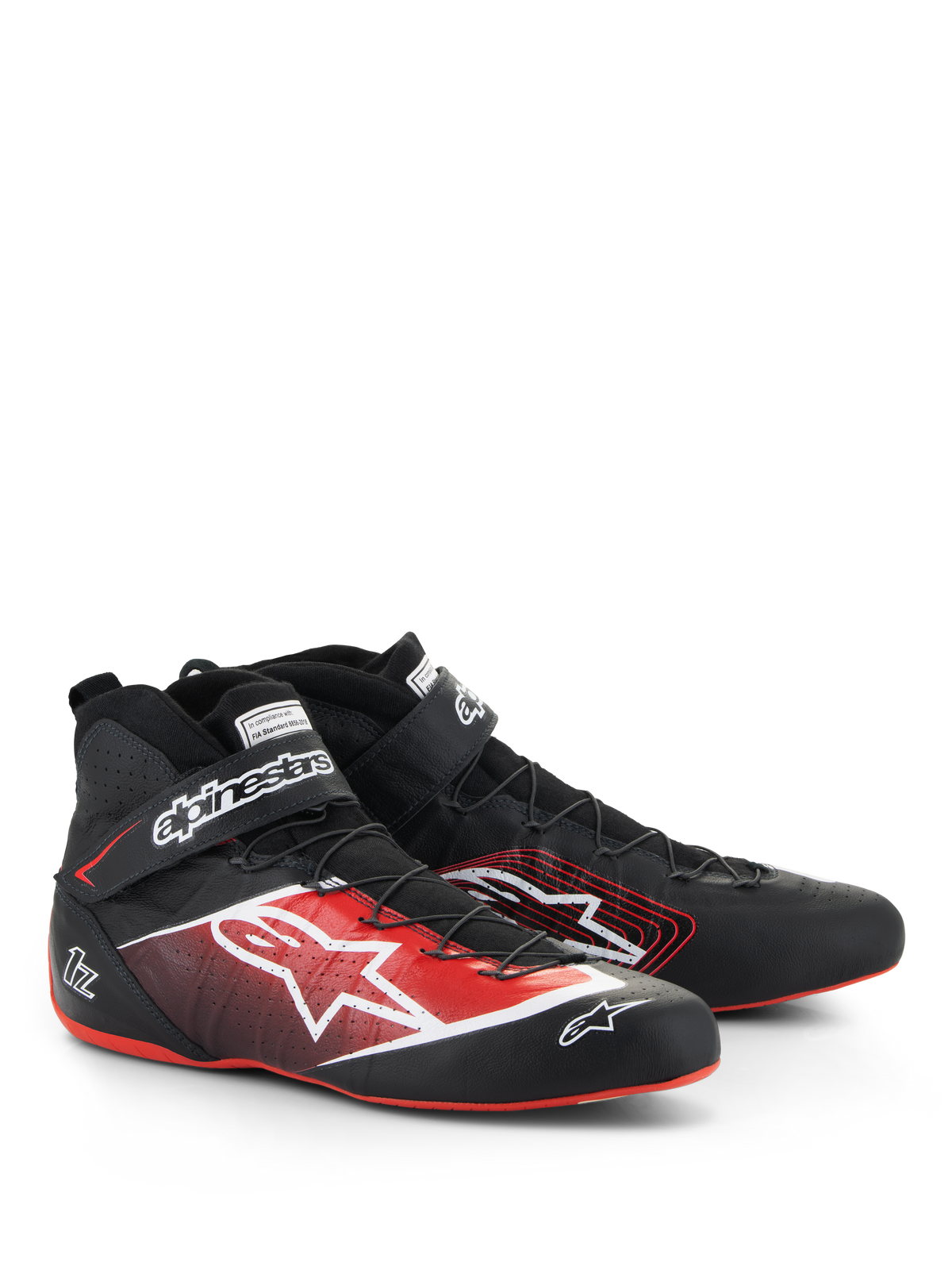Alpinestars Tech-1 Z V3 schoenen FIA, autosportschoenen, zwart met rode en witte accenten, met een groot wit sterlogo aan de zijkant, dunne rode zolen en een precisie-draadvetersysteem met een enkelband.