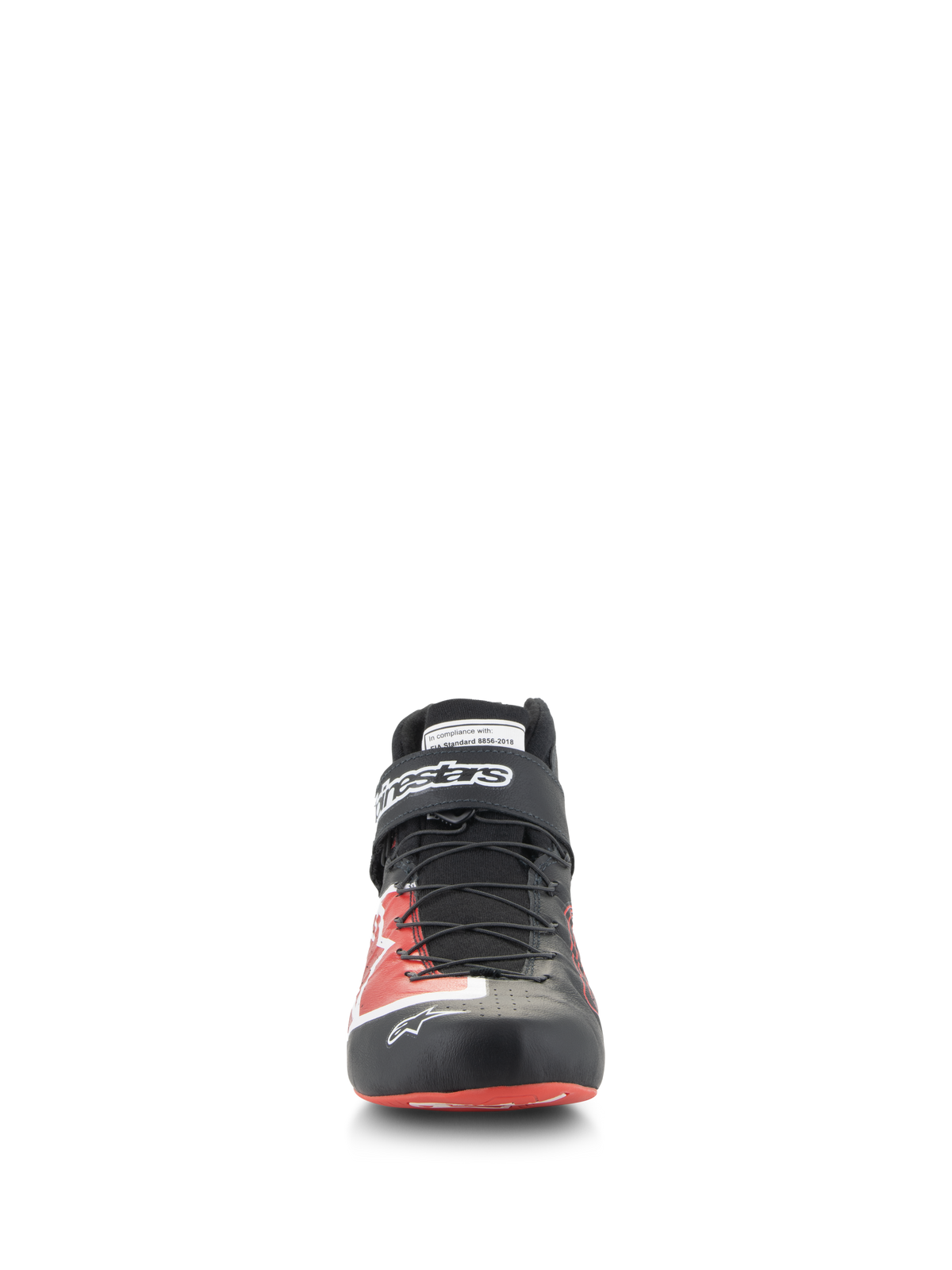 Alpinestars Tech-1 Z V3 FIA schoenen, autosport schoenen, zwart en rood, vooraanzicht, voorzien van een snelvetersysteem, klittenband enkelband met witte branding en een premium lederen bovenwerk met rode grafische accenten, professioneel motorsport schoeisel