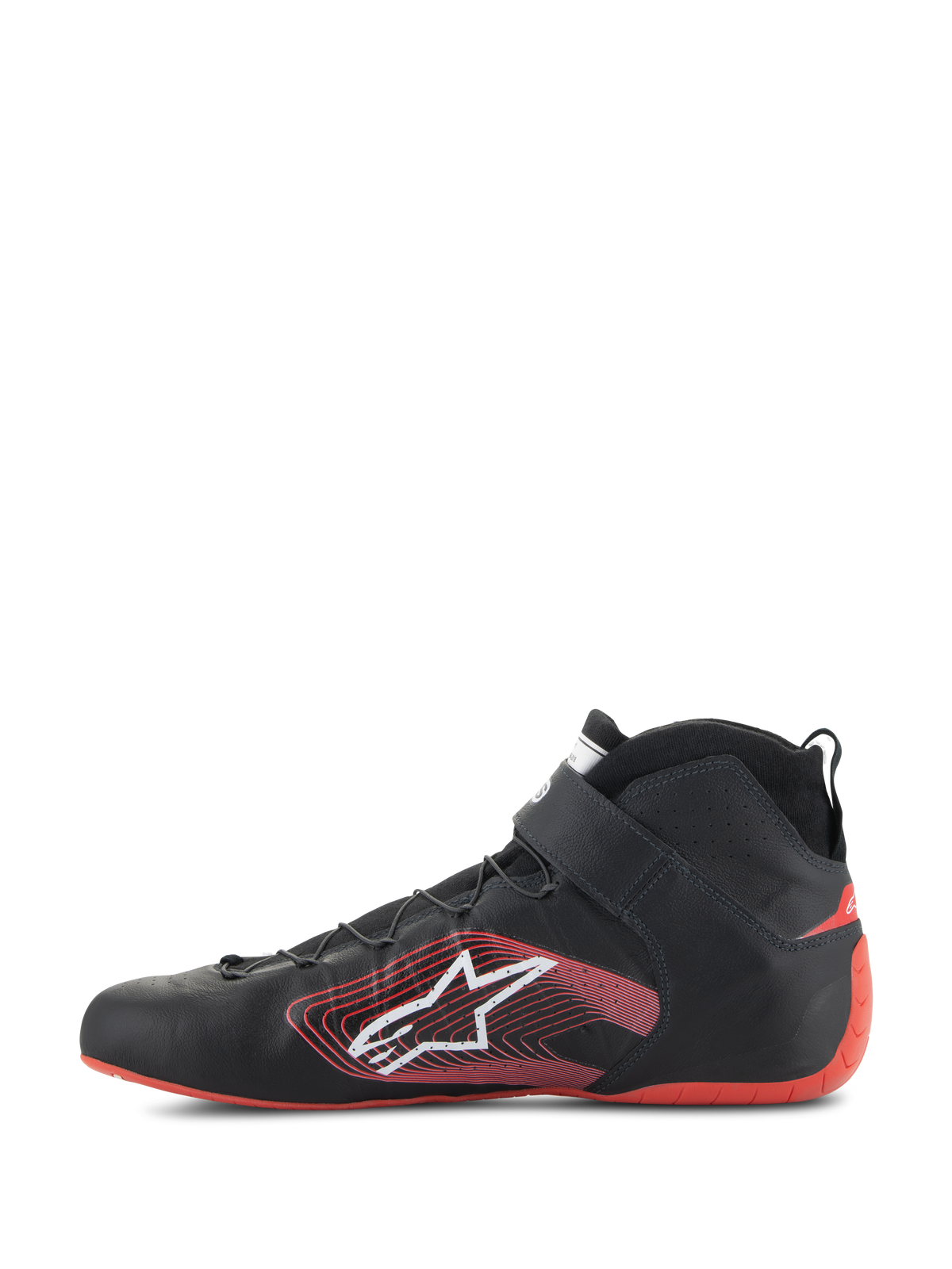 Alpinestars Tech-1 Z V3 Schoenen FIA, autosportschoenen, zwart en rood, zijaanzicht, hoogwaardige lederen constructie met rode hielkap, wit Astars-logo met rode lineaire graphics, enkelbandje en dunne veters