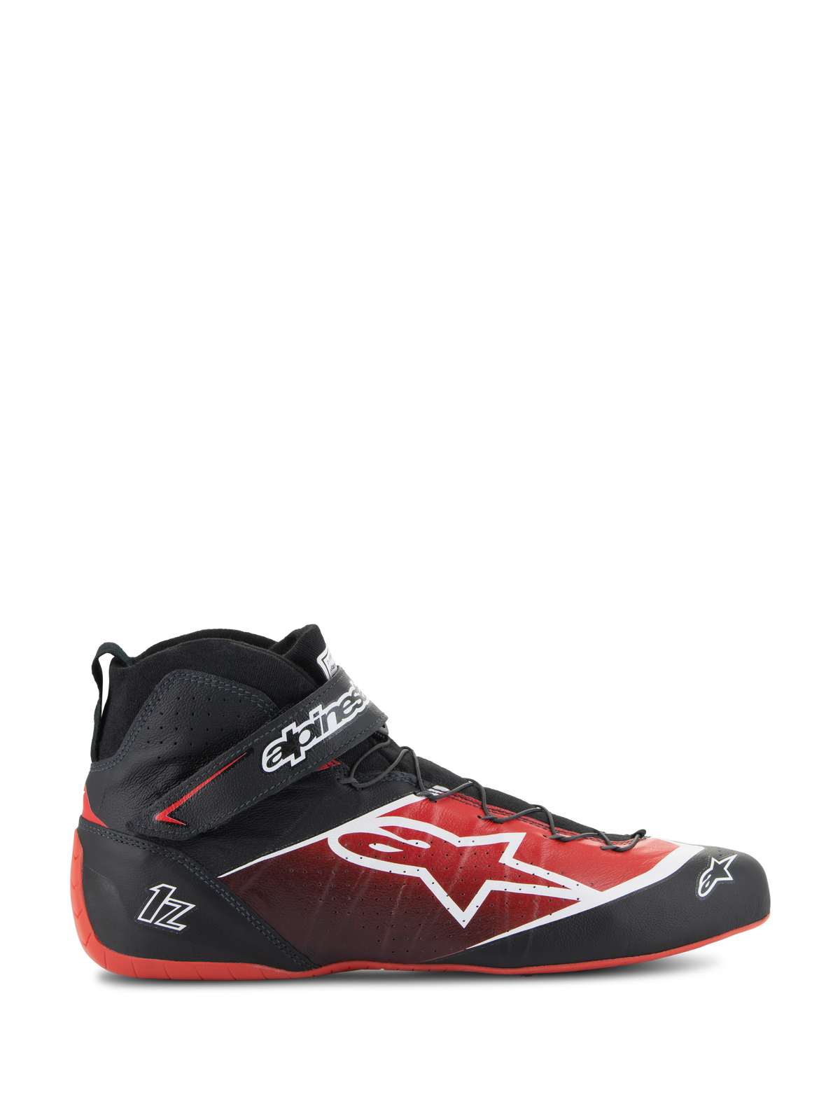 Alpinestars Tech-1 Z V3 FIA-schoenen, autosportschoenen, zwart en rood, hoog model met wit ster-logo, glanzende afwerking met getextureerde perforaties, rode gebogen zool, FIA-gecertificeerd, enkelband met merknaam, gestroomlijnd motorsport schoeisel
