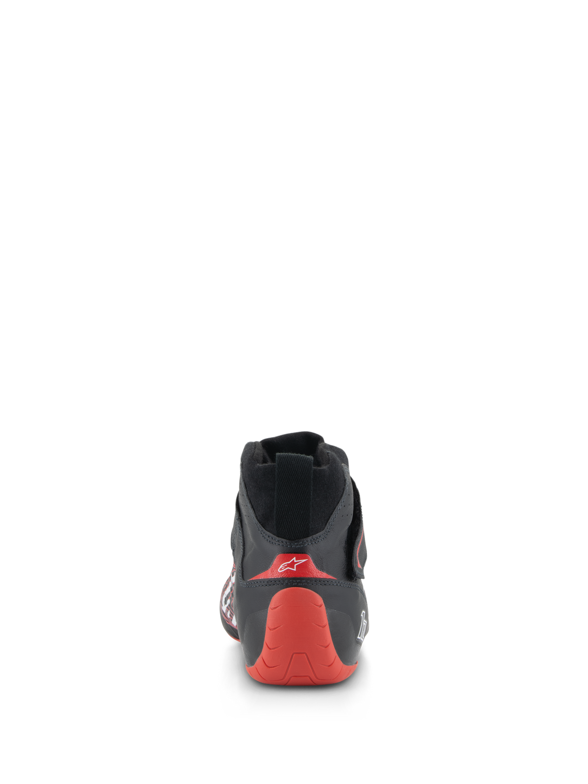 Alpinestars Tech-1 Z V3 Schoenen FIA, autosport schoenen, zwart en rood, achteraanzicht met de focus op de rode thermo-gevormde hielcup met wit logo, zwart lederen constructie, professioneel motorsport schoeisel