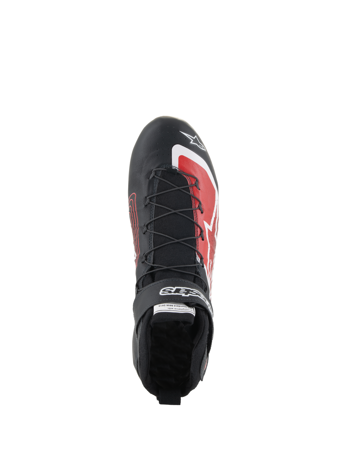Alpinestars Tech-1 Z V3 Schoenen FIA, autosportschoenen, zwart en rood, bovenaanzicht met snelvetersysteem, klittenbandsluiting met merklogo en rode grafische accenten op de neus, strak lederen ontwerp voor autosportprestaties
