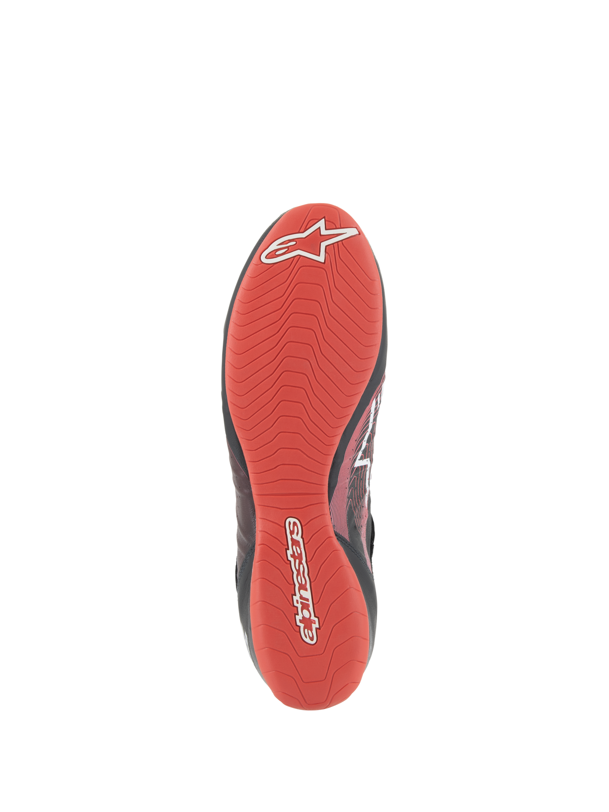 Alpinestars Tech-1 Z V3 Shoes FIA, onderaanzicht van raceschoenzool, felrood getextureerd rubber, asymmetrisch profielpatroon voor hoge grip en pedaalgevoeligheid, wit Alpinestars-logo en tekstlogo