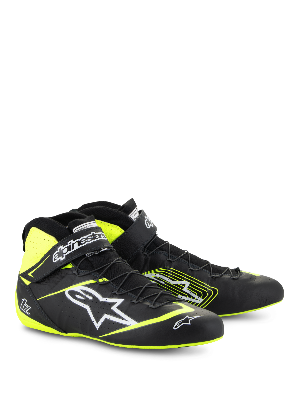 Alpinestars Tech-1 Z V3 FIA-schoenen, autosportschoenen, zwart en fluogeel, met wit Astars-logo, snelvetersysteem en enkelband, hoogleren ontwerp voor professionele autosport