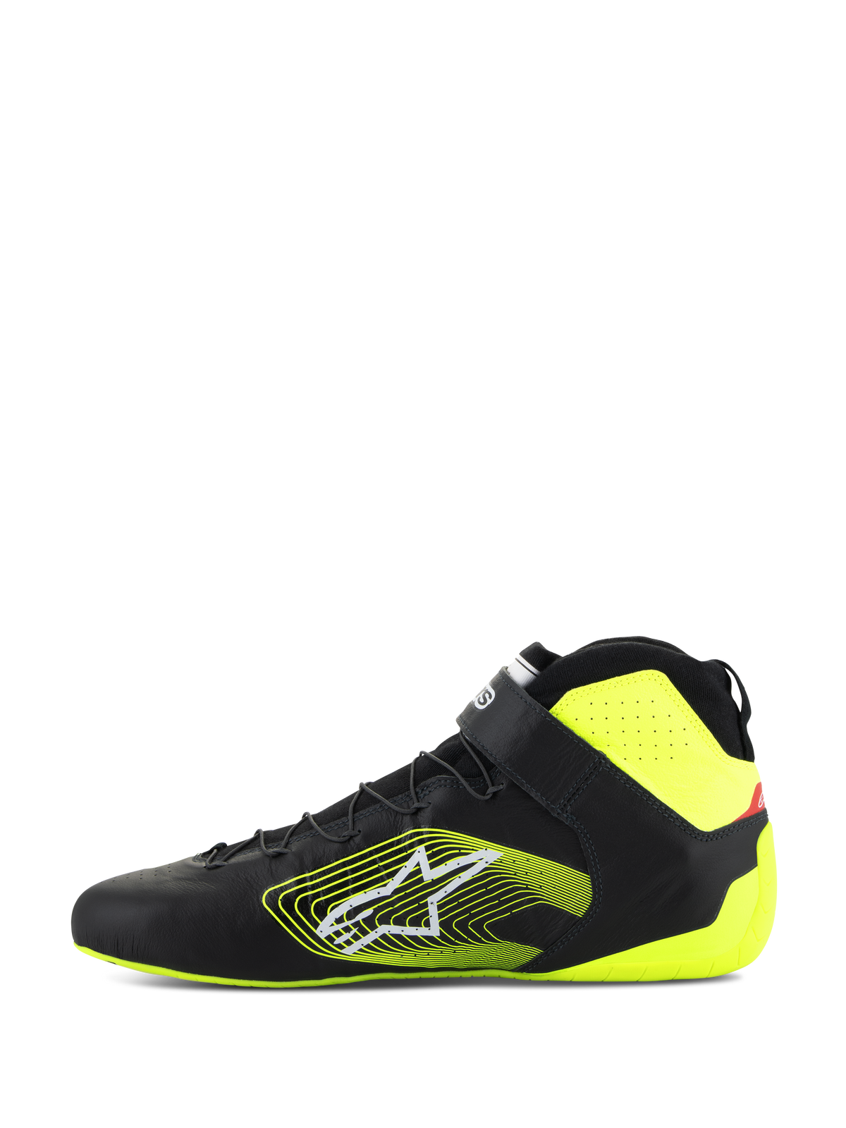 Alpinestars Tech-1 Z V3 schoenen FIA, autosportschoenen, zwart met fluorgeel, zijaanzicht, premium lederen bovenwerk met snelsluiting en enkelband, opvallend geel grafisch logo op de zijkant, fluorescerend gele accenten op de hiel en kraag