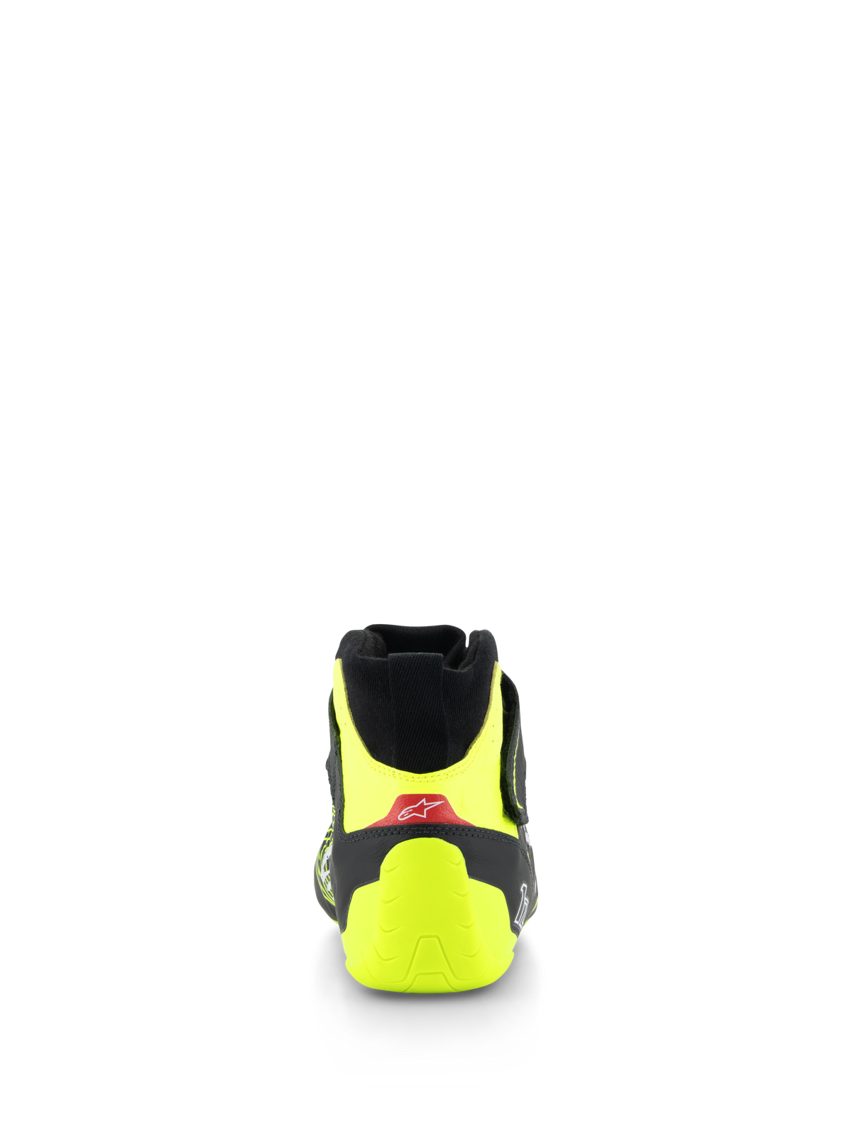 Alpinestars Tech-1 Z V3 Schoenen FIA, autosportschoenen, zwart en fluoriserend geel, achteraanzicht met fluoriserend gele hielkap en rood accent met wit logo, professioneel motorsportschoeisel