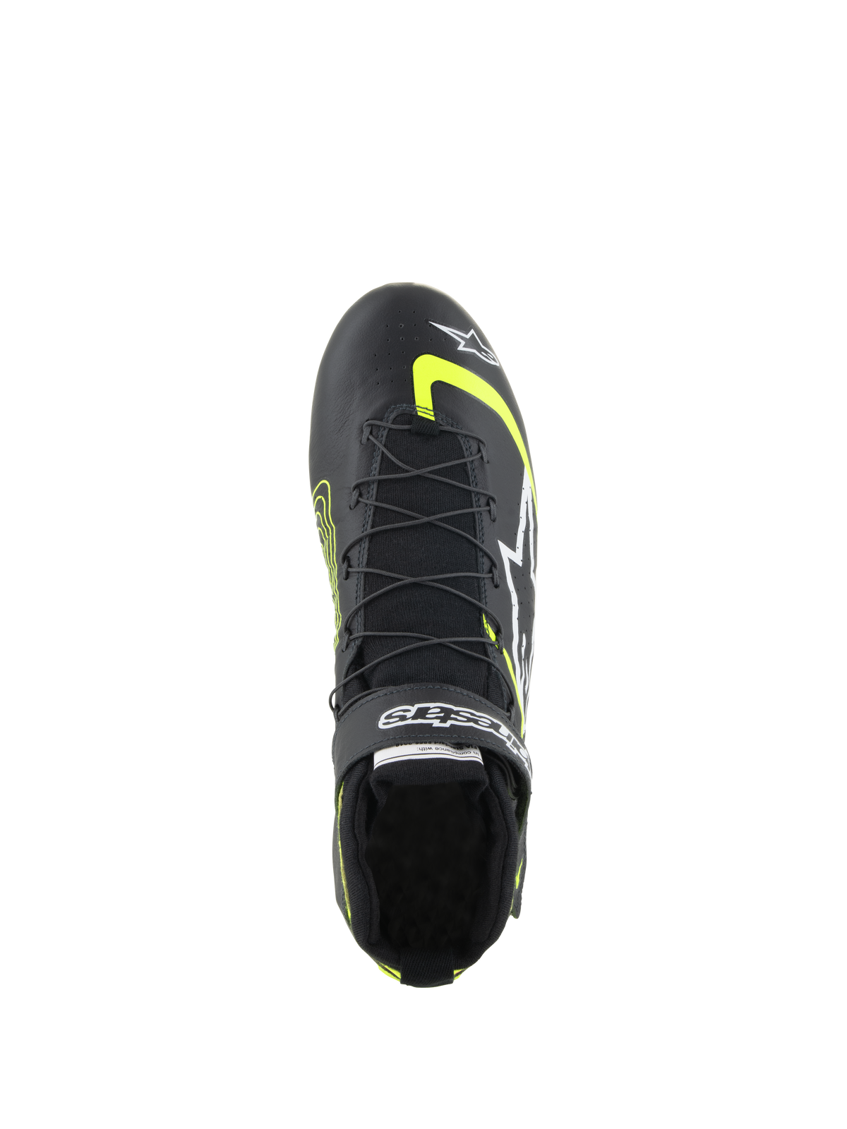 Alpinestars Tech-1 Z V3 schoenen FIA, autoraceschoenen, zwart en fluogeel, bovenaanzicht met dubbel sluitsysteem met snelveters, klittenbandsluiting met merknaam en hoogwaardige lederen constructie voor professionele autosport