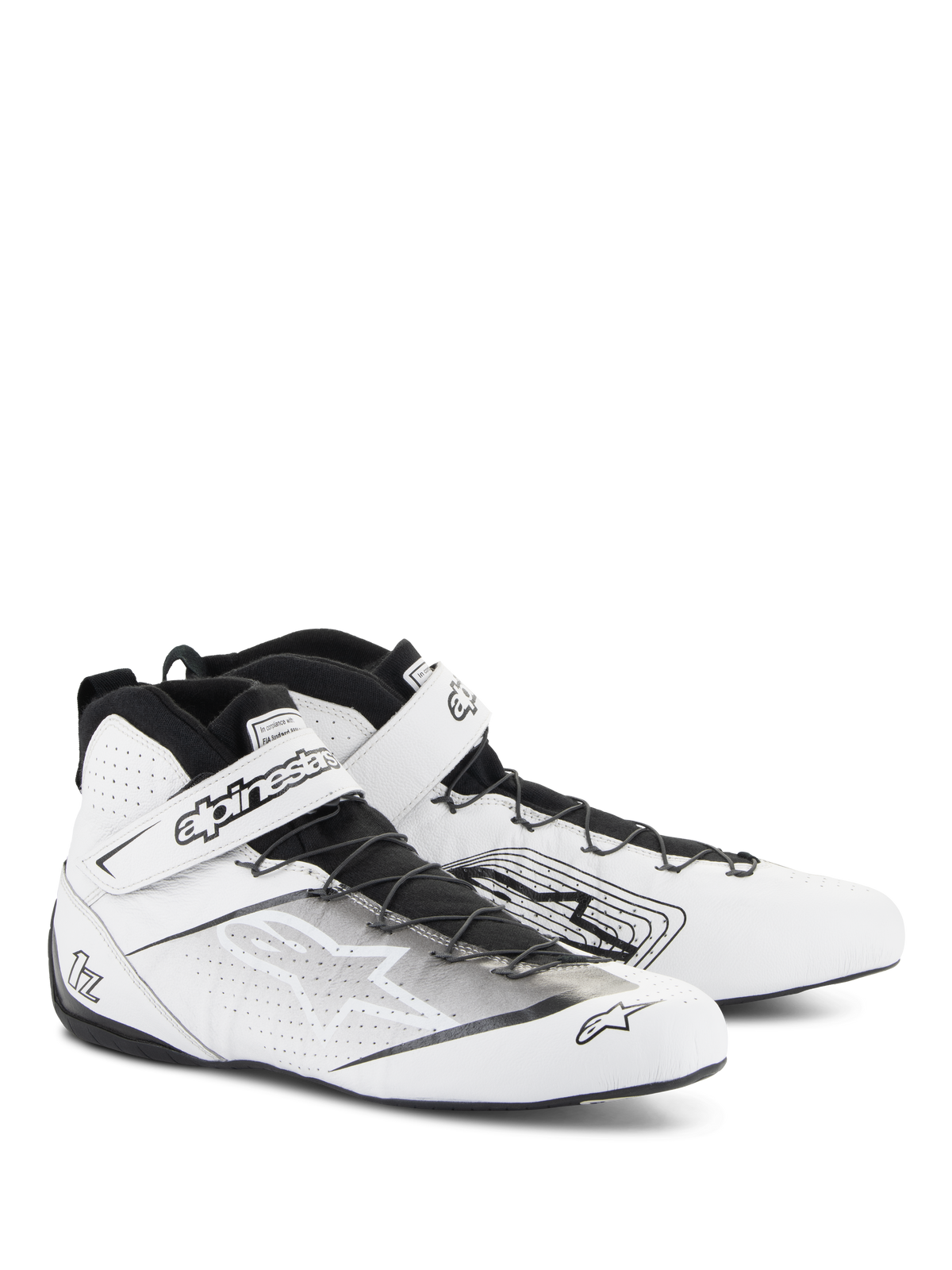 Alpinestars Tech-1 Z V3 FIA schoenen, autosportschoenen, wit en zwart, hoogwaardig runderleer met geperforeerde panelen, snelsluitsysteem met een stevige klittenbandsluiting, strak professioneel autosportontwerp