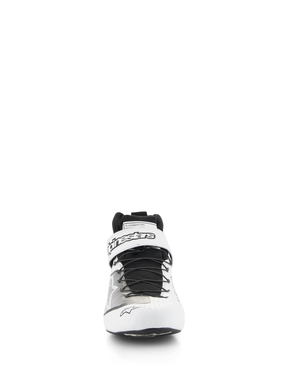 Alpinestars Tech-1 Z V3 Shoes FIA, professionele autosportschoenen, wit en zwart, vooraanzicht met snelsluitvetersysteem en klittenbandsluiting aan de bovenzijde met Alpinestars-branding, geperforeerd lederen bovenwerk voor ademend vermogen.