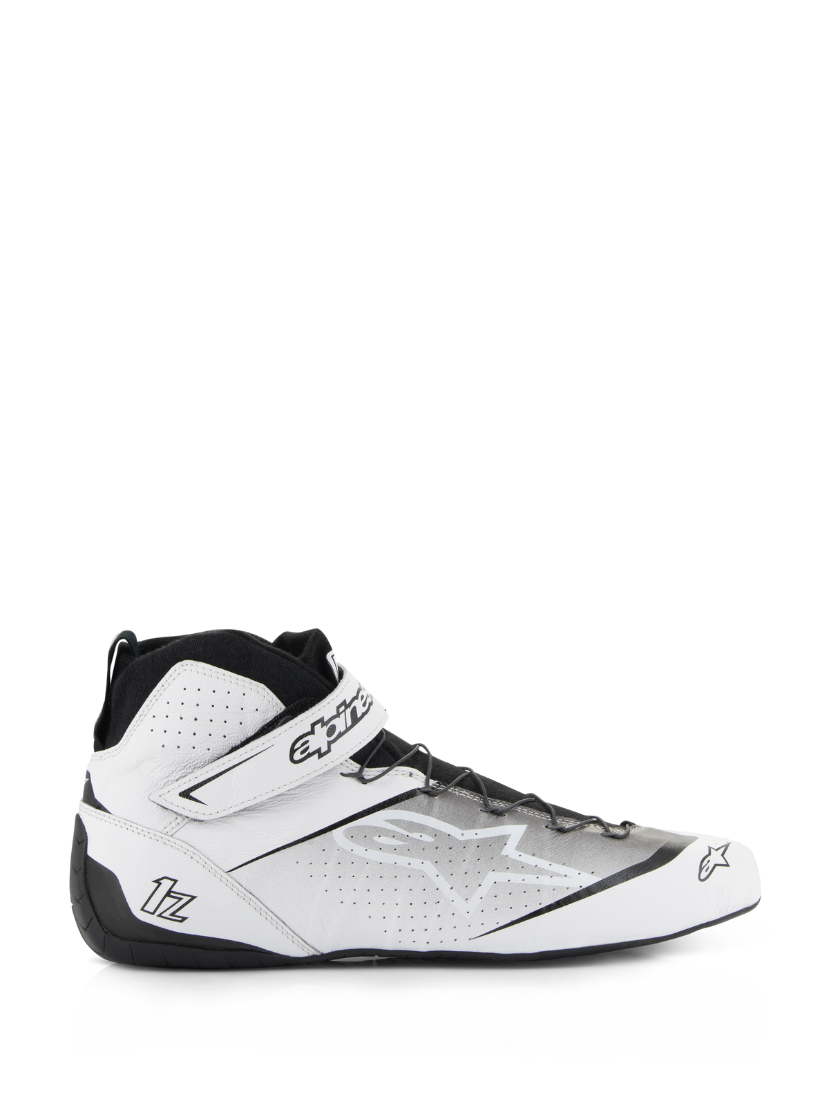 Alpinestars Tech-1 Z V3-schoenen FIA, autoraceschoenen, wit en zwart, hoog model met geperforeerd lederen bovenwerk, bandsluiting met Alpinestars-branding, dunne rubberen zool voor pedaalgevoeligheid, gestroomlijnd motorsportprofiel