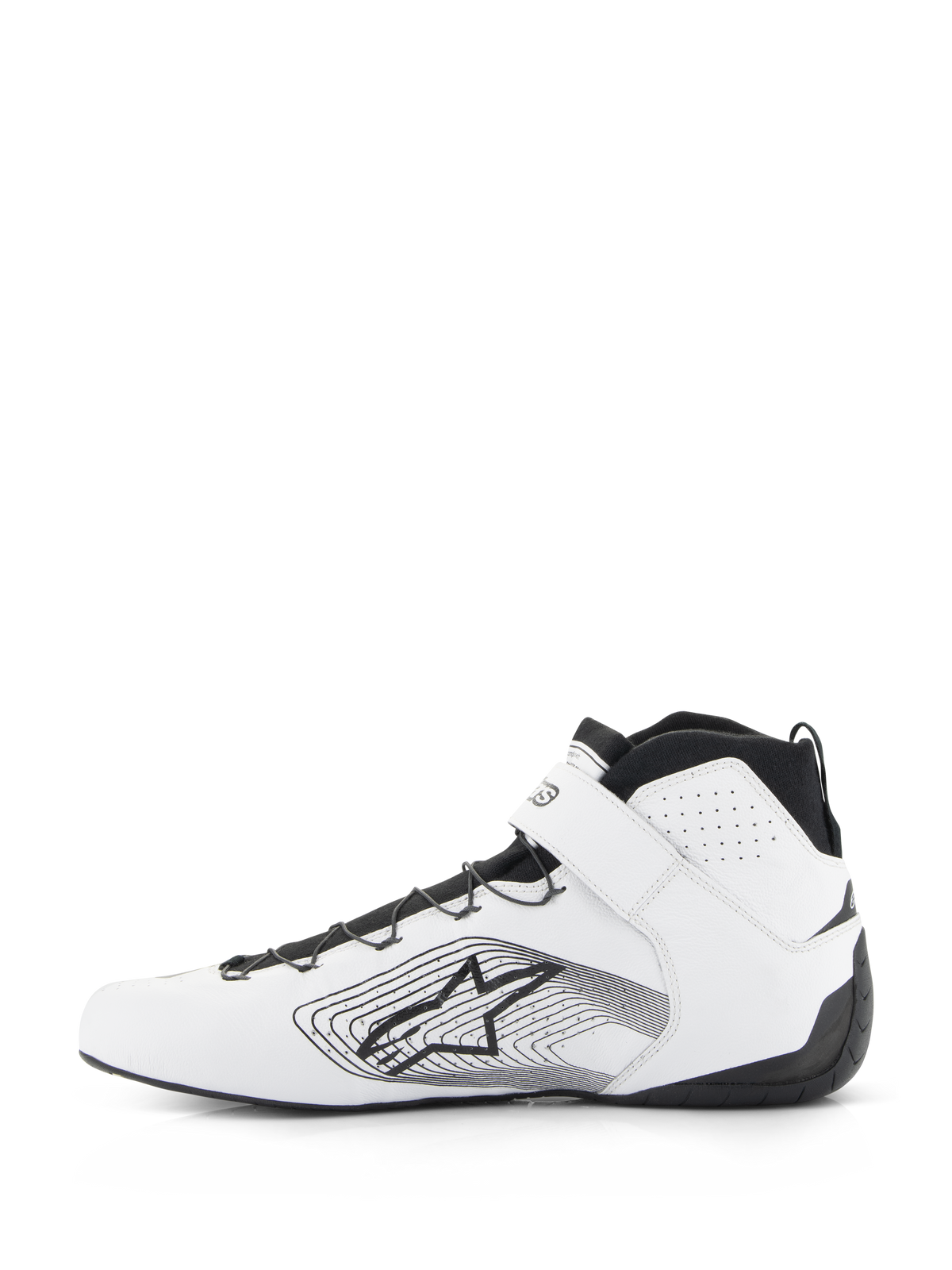 Alpinestars Tech-1 Z V3 FIA schoenen, autoraceschoenen, wit en zwart, zijprofiel van hoogwaardige lederen raceschoen met zwarte snelvetersluiting, witte enkelband en Alpinestars-sterlogo met lineaire graphics op de zijkant