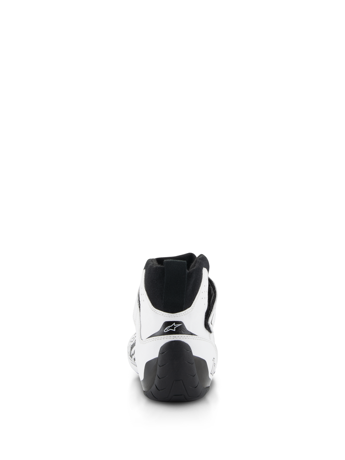 Alpinestars Tech-1 Z V3 Schoenen FIA, autoraceschoenen, wit en zwart, achteraanzicht met een zwarte hieltreklus, getextureerde rubberen zool en wit bovenwerk van runderleer met Alpinestars sterlogo