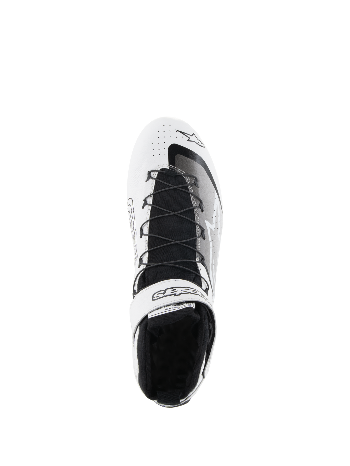 Alpinestars Tech-1 Z V3 Schoenen FIA, autosportschoenen, wit en zwart, bovenaanzicht toont snelvetersysteem, enkelband met klittenband en logo, zwarte gebreide tong en geperforeerd lederen bovenwerk voor autosportprestaties