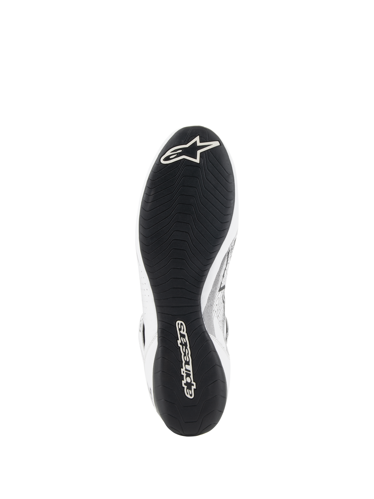 Alpinestars Tech-1 Z V3 FIA-schoenen, autosportschoenen, wit en zwart, onderaanzicht met de van de F1 afgeleide dunne rubberen buitenzool met asymmetrisch loopvlak, wit Alpinestars-logo op de neus en merknaam op de hiel