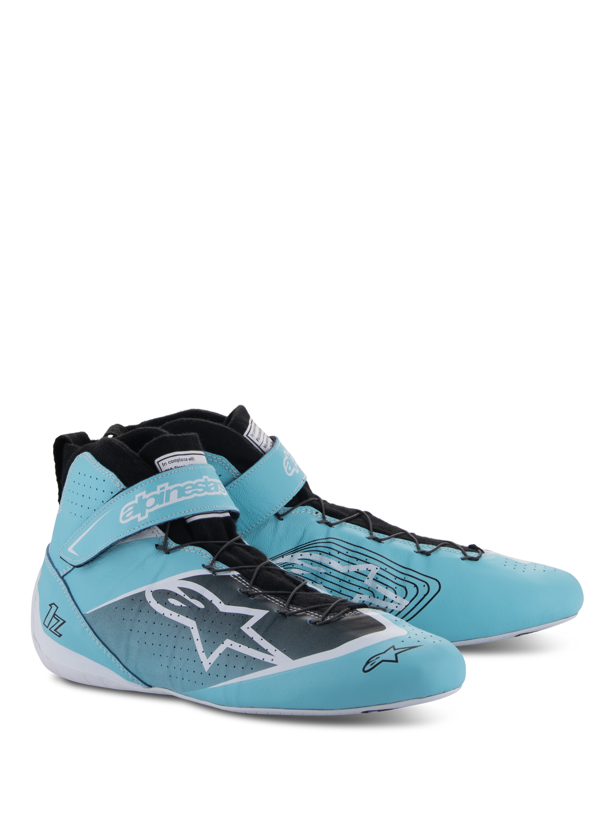 Alpinestars Tech-1 Z V3 FIA schoenen, autosport schoenen, lichtblauw, wit en zwart, hoog model met klittenbandsluiting bij de enkel, voorzien van opvallende Alpinestars-branding en geperforeerde leren details voor prestaties