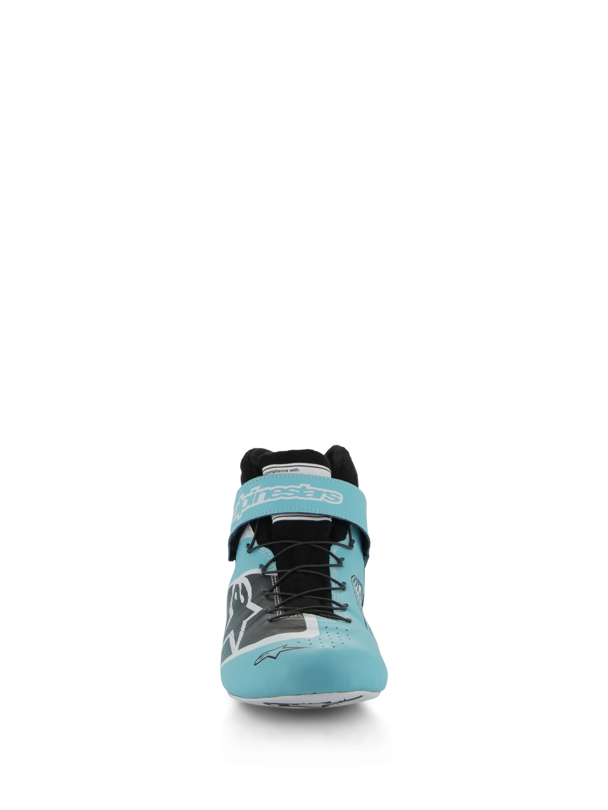 Alpinestars Tech-1 Z V3 schoenen FIA, autosportschoenen, lichtblauw, wit en zwart, vooraanzicht met het premium lederen bovenwerk, snelvetersysteem en klittenband enkelband met merklogo