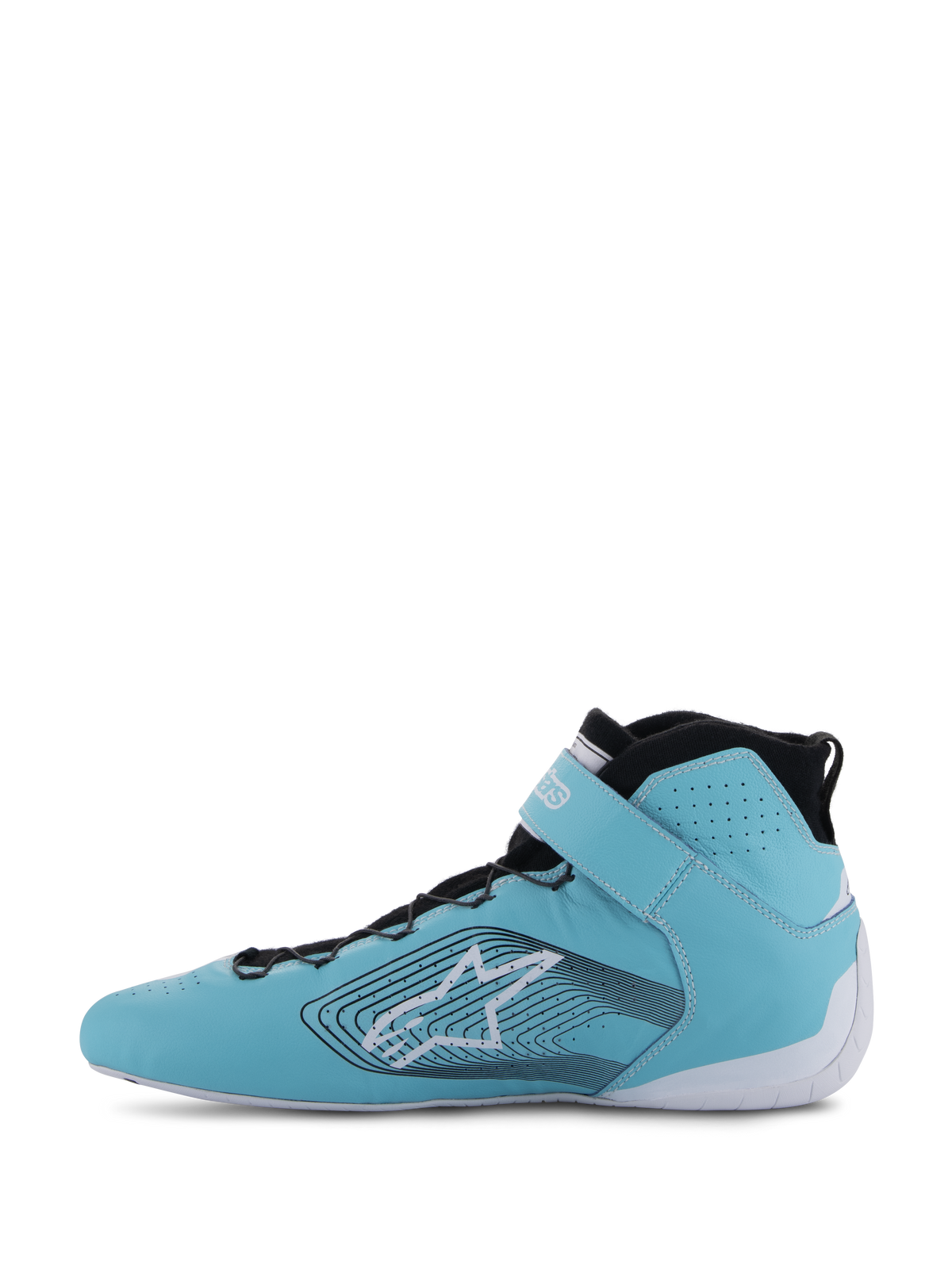 Alpinestars Tech-1 Z V3 Schoenen FIA, autosport schoenen, lichtblauw wit en zwart, zijaanzicht, hoogwaardig leer met perforaties, groot sterlogo met golvende grafische lijnen, witte zool en zwarte kraag