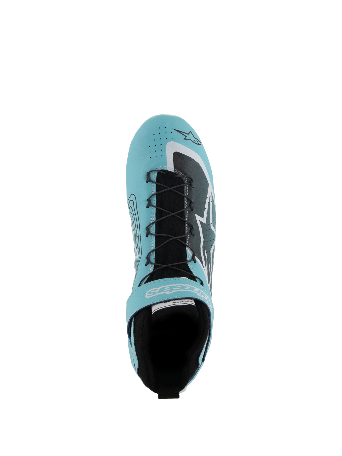 Alpinestars Tech-1 Z V3 FIA schoenen, autoraceschoenen, lichtblauw, wit en zwart, bovenaanzicht met snelvetersysteem, klittenbandsluiting en geperforeerd lederen bovenwerk, ontworpen voor professionele motorsportprestaties