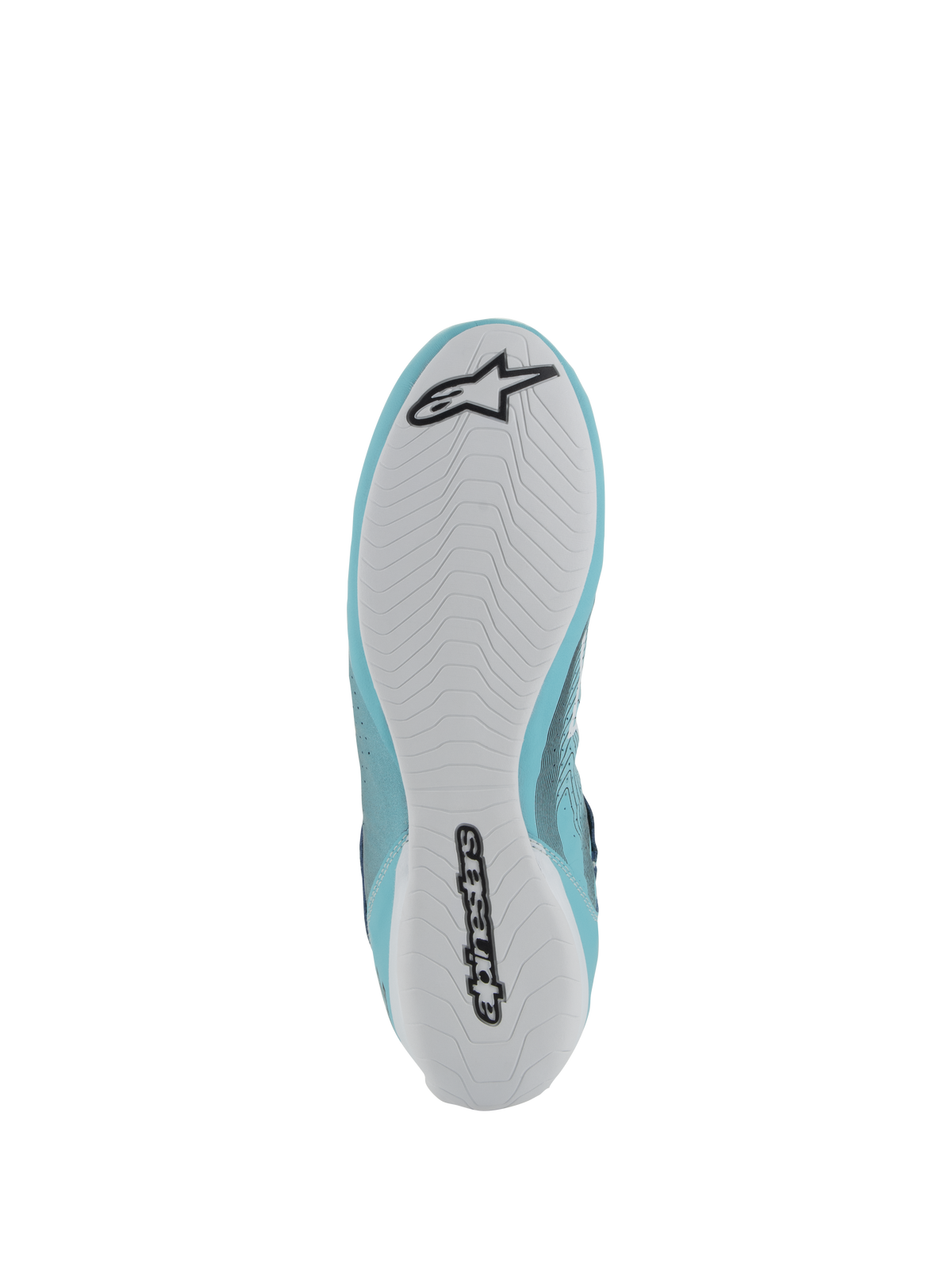 Alpinestars Tech-1 Z V3 FIA schoenen, autoraceschoenen, lichtblauw en wit, onderaanzicht met een witte rubberen zool met zwart Alpinestars-logo en woordmerk, asymmetrisch loopvlakpatroon voor grip en pedaalgevoel.