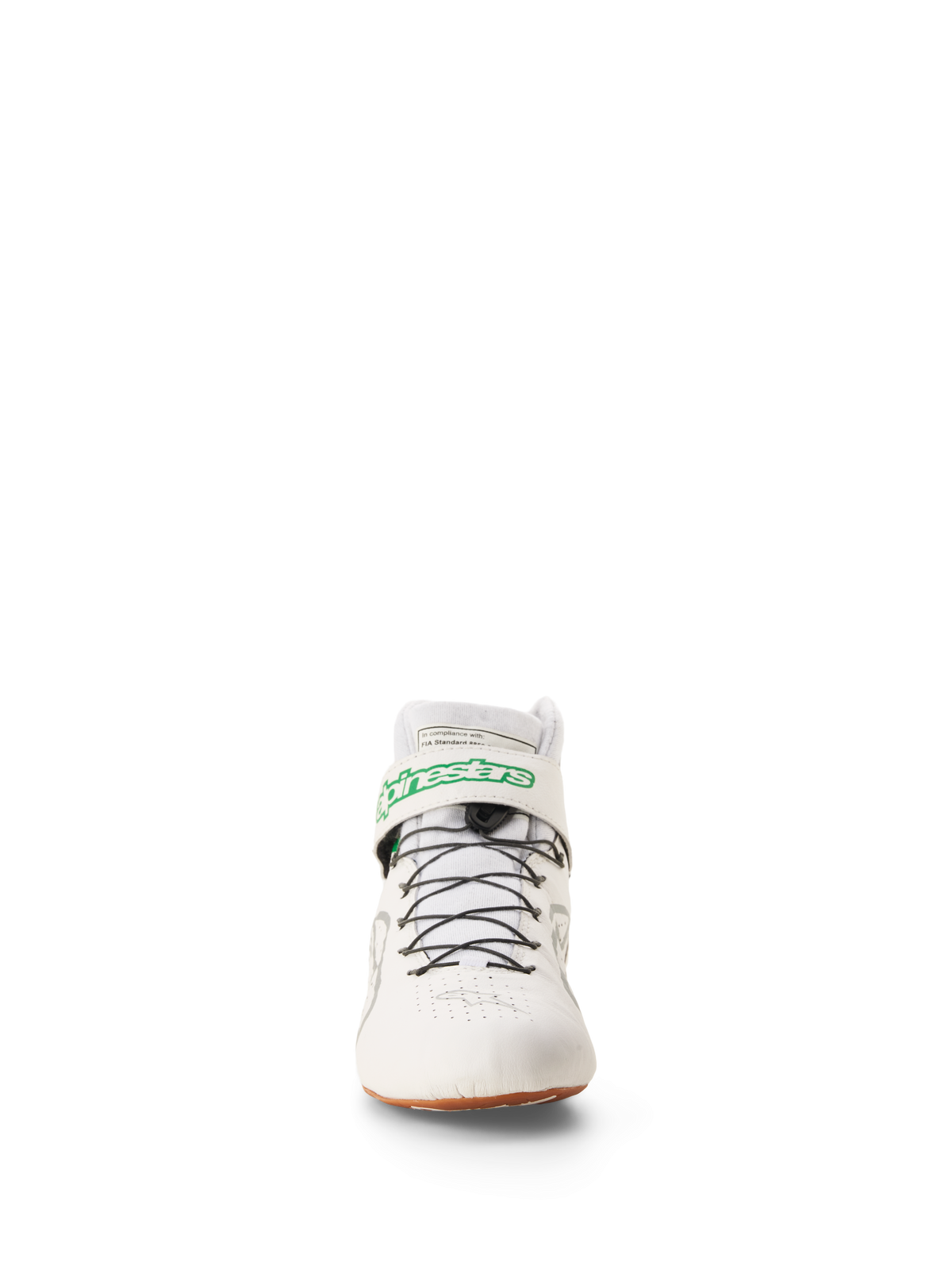 Alpinestars Tech-1 Z V3 Shoes FIA, Racing and Karting Shoes, White Green Gum Silver, front view featuring green Alpinestars logo on the ankle strap, black speed lacing system, and gum rubber sole, professional motorsport footwear