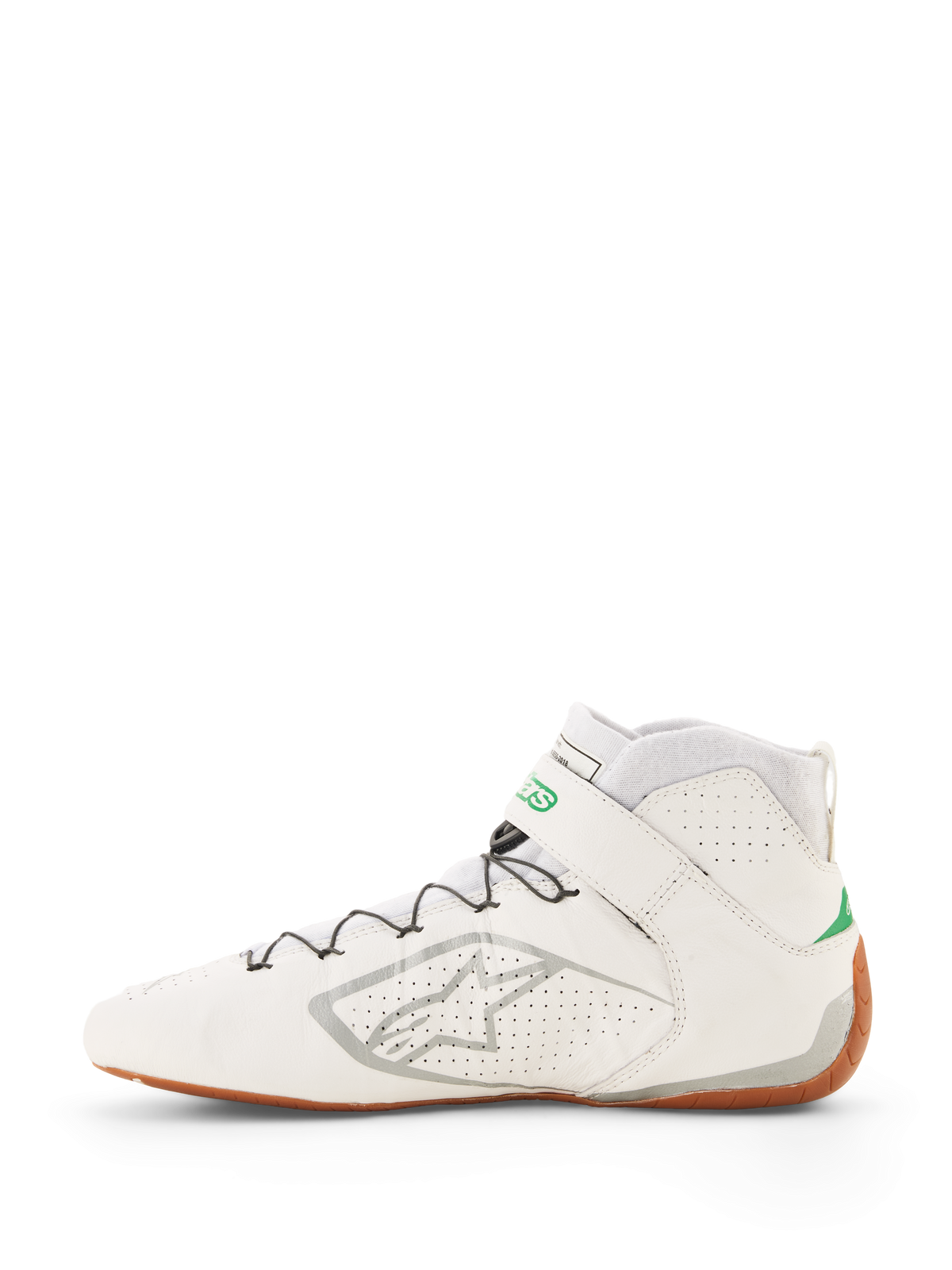 Alpinestars Tech-1 Z V3 Shoes FIA, white racing shoes with green and silver accents, gum sole, high-top design featuring perforated leather, speed lacing system with wire support, silver Alpinestars logo on the side