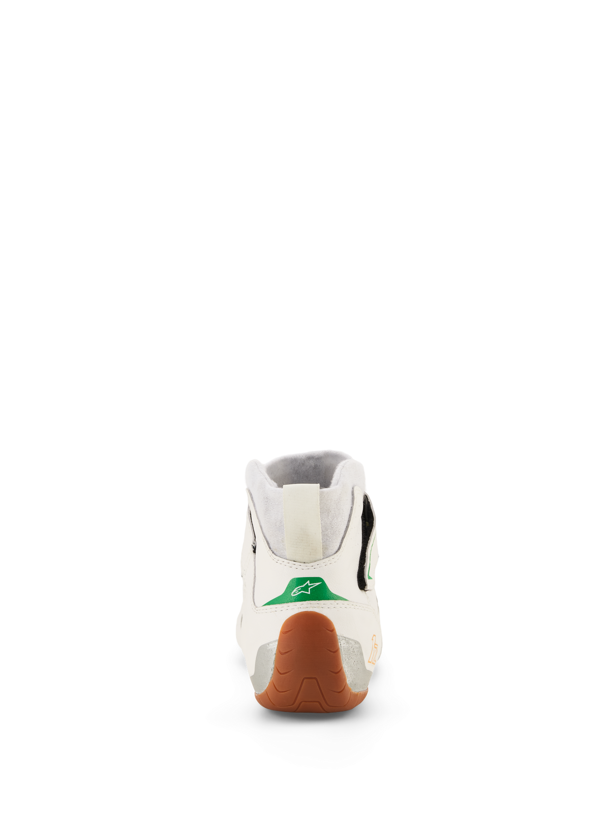 Alpinestars Tech-1 Z V3 Shoes FIA, Karting and Auto Racing Shoes, White Green Gum Silver, rear view featuring the green heel accent with a white star logo, textured gum rubber sole wrapping the heel, silver side panels, and knitted stretch collar.