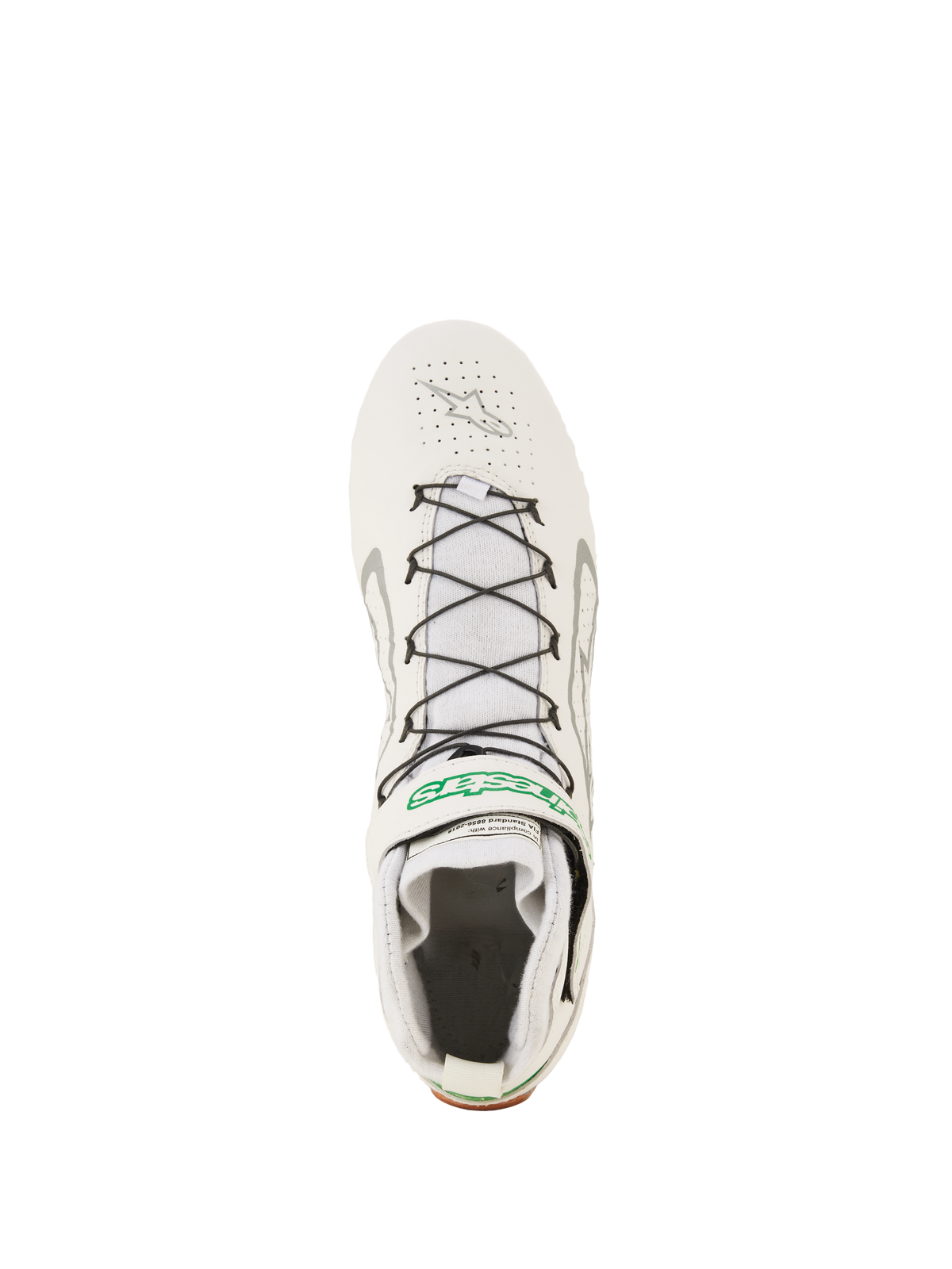 Alpinestars Tech-1 Z V3 Shoes FIA, Professional Auto Racing Footwear, White Green and Silver, top-down view featuring black speed lacing with wire support, perforated leather upper, and green Alpinestars branding on the strap