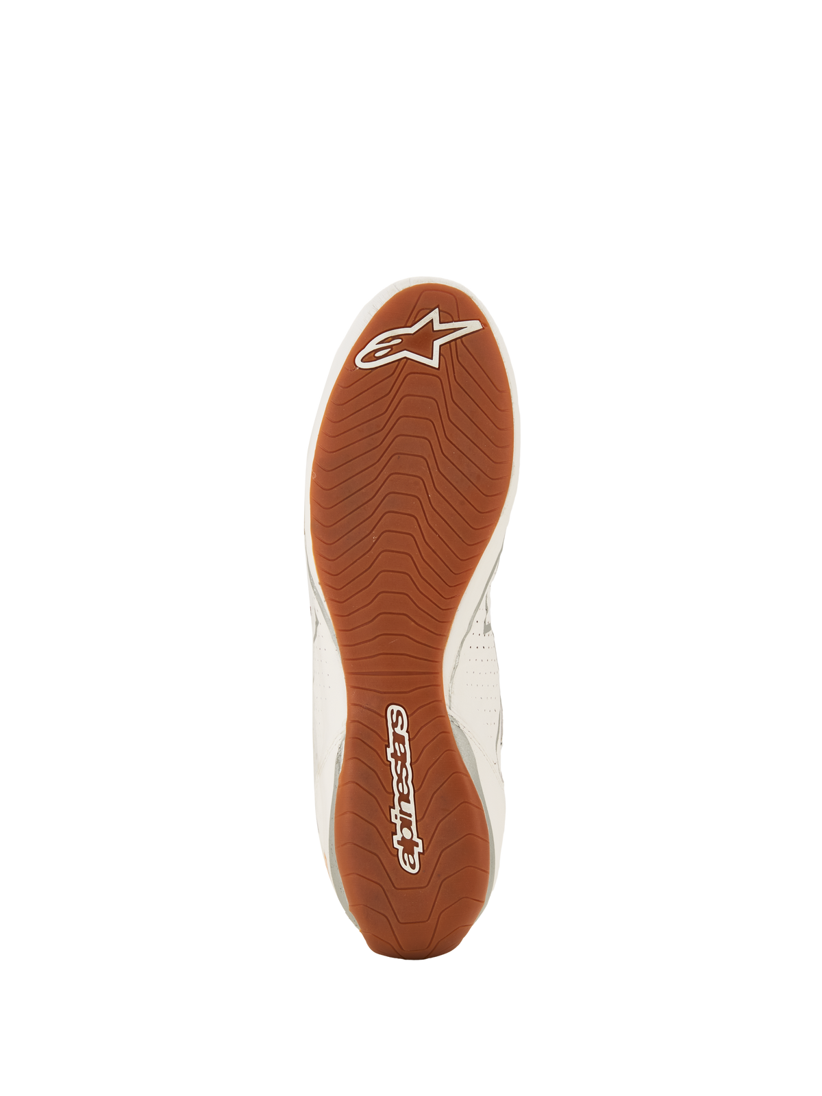 Alpinestars Tech-1 Z V3 Shoes FIA, Auto Racing Shoes, White Green Gum Silver, bottom view of the textured gum rubber outsole, asymmetric tread pattern with white Alpinestars branding on the toe and heel