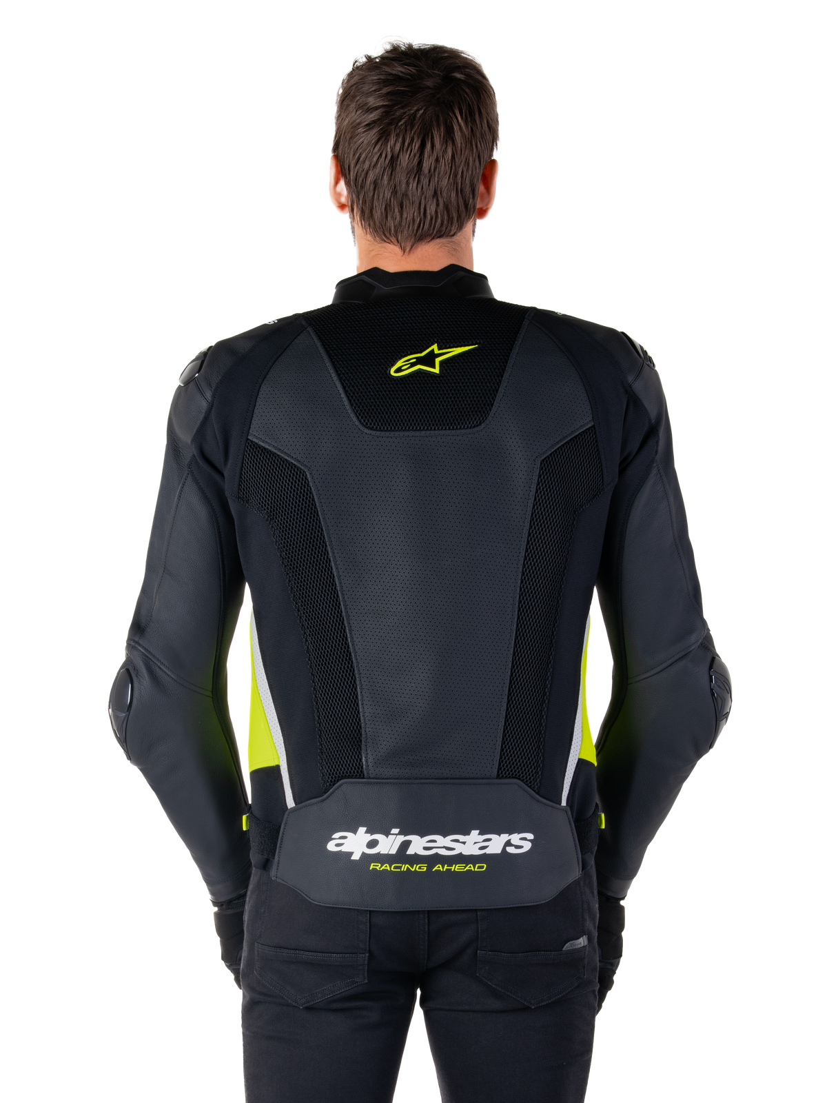 Alpinestars Missile V3 Airflow Lederjacke, Rückansicht, Schwarz mit gelb-fluo und weißen Akzenten, großflächige perforierte Lederbahnen zur Kühlung, Alpinestars-Logo auf dem oberen und unteren Rücken, rennsportinspirierte Motorrad-Sportjacke
