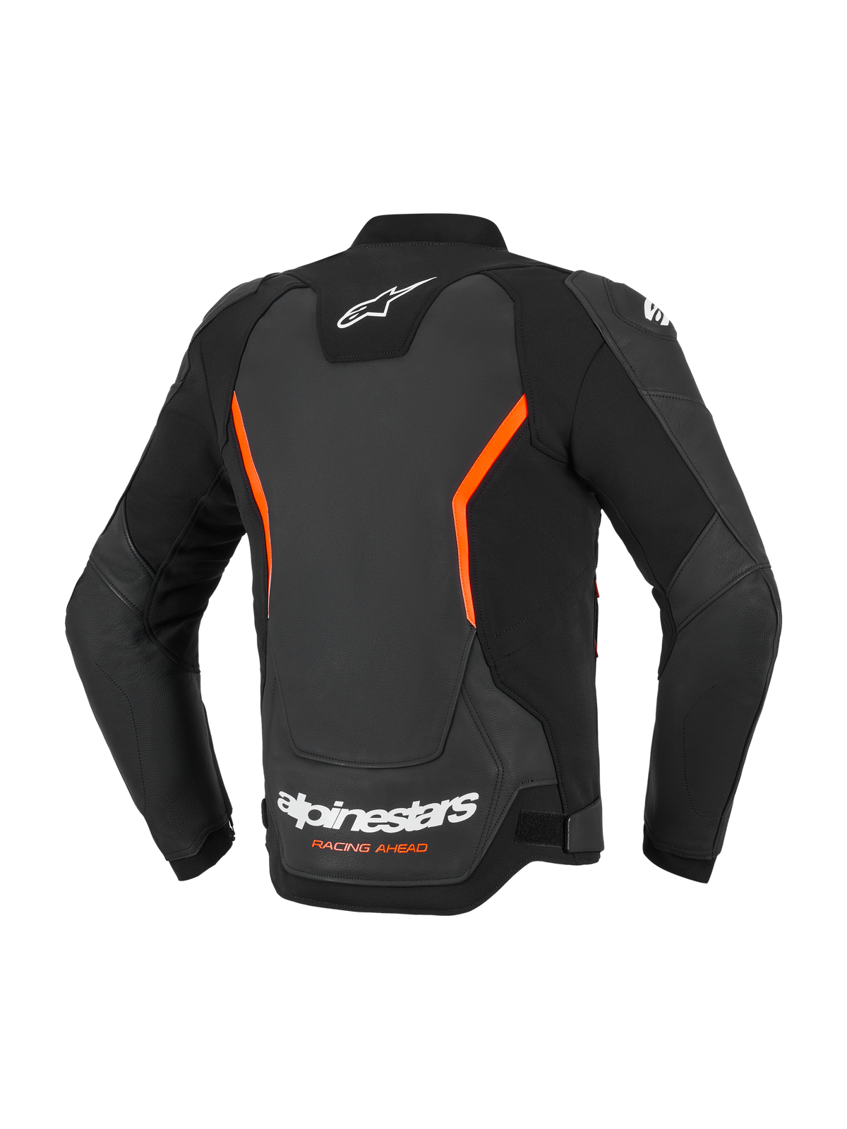 Alpinestars GP Force V2 Lederjacke, Motorrad-Lederjacke, Schwarz und Fluo-Rot, Rückansicht mit weißen Alpinestars-Logos und orangefarbenem „Racing Ahead“-Schriftzug, fluo-rote eckige Akzente, mehrteilige Konstruktion mit vorgekrümmten Ärmeln
