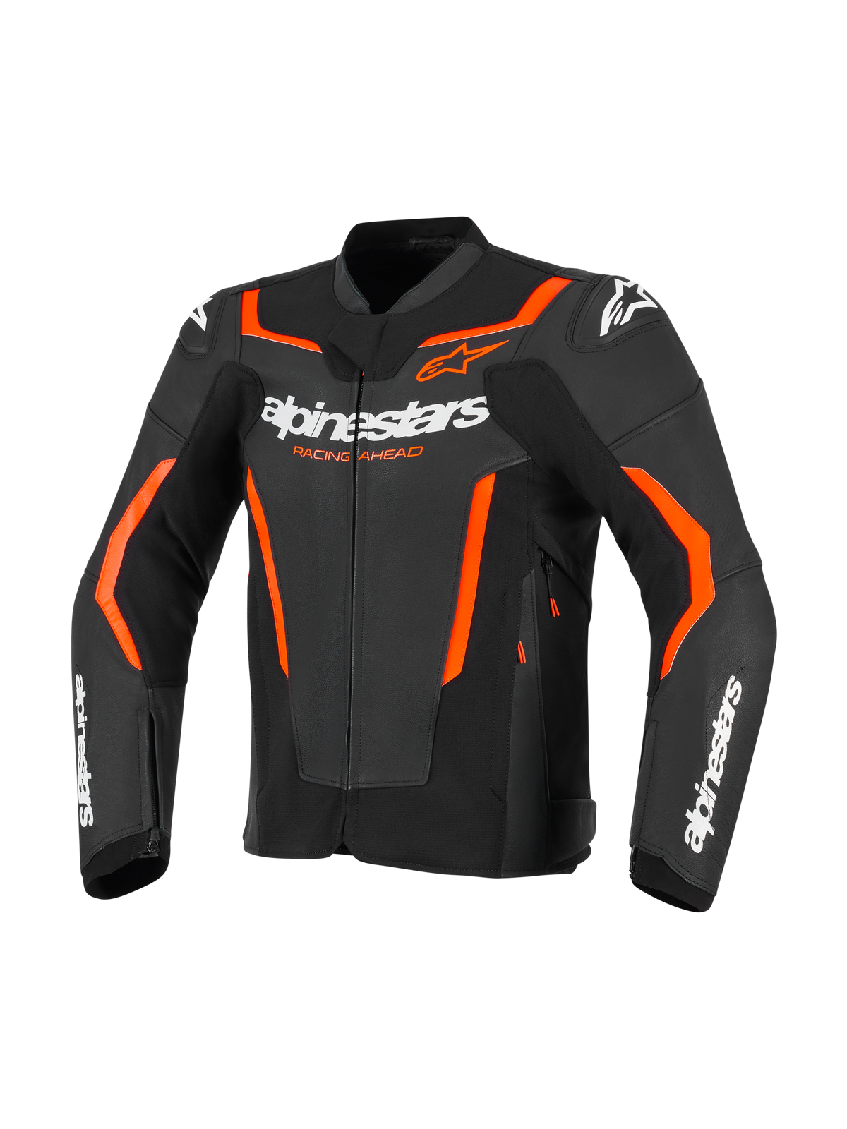 Alpinestars GP Force V2 Lederjacke, Motorrad-Sportjacke, Schwarz und Rot Fluo, mit weißem Alpinestars-Branding und leuchtenden orange-roten Akzenten, professionelle Lederkonstruktion mit Sport-Passform-Design