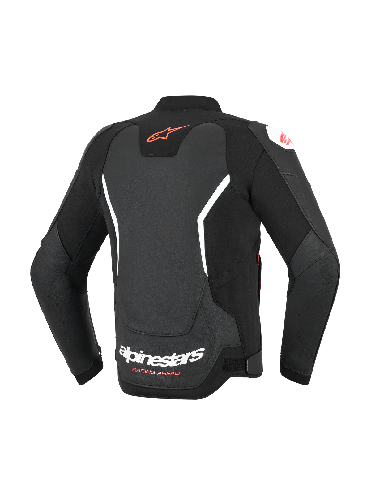 Blouson en cuir Alpinestars GP Force V2, noir avec accents blancs et rouges, vue arrière montrant le logo Astar rouge en haut du dos et le marquage Alpinestars blanc en bas du dos, blouson de moto en cuir coupe sport avec panneaux extensibles en accordéon.