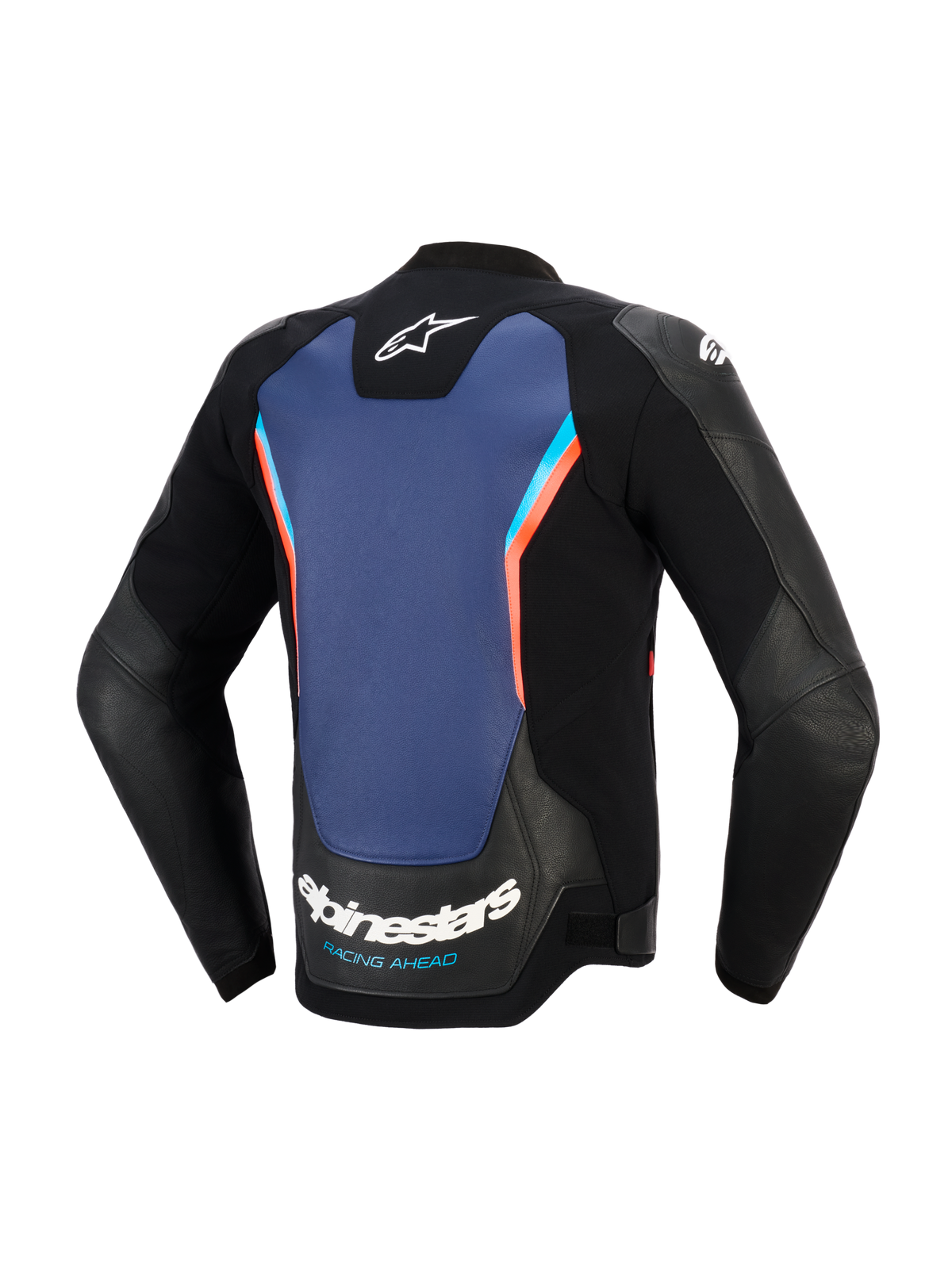 Alpinestars GP Force V2 leren jas, achteraanzicht, zwart leer met groot blauw centraal paneel en fluo rode accenten, voorzien van Alpinestars-logo en 'RACING AHEAD' branding op de onderrug, sportieve motoruitrusting
