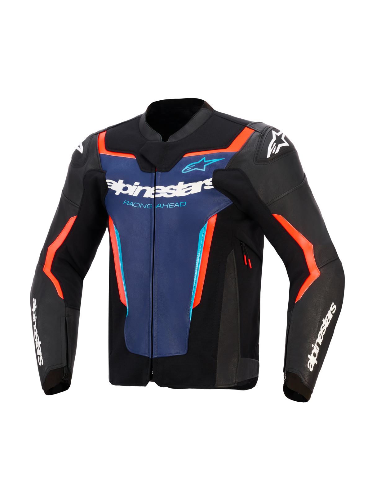 Alpinestars GP Force V2 leren jas, zwart, blauw en fluo rood, vooraanzicht met blauw borstpaneel, witte 'Alpinestars' en 'Racing Ahead' branding, neon oranjerode accenten en witte logo's op de schouders en mouwen, ontworpen voor sportief motorrijden.
