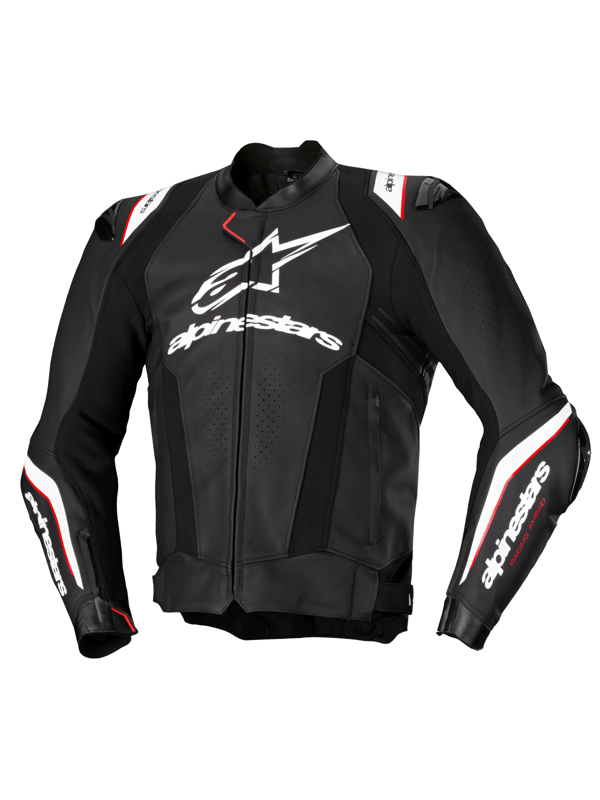 Alpinestars Missile V3 Ignition leren motorjas, zwart en wit met rode accenten, CE-gecertificeerd AA, premium rundleer