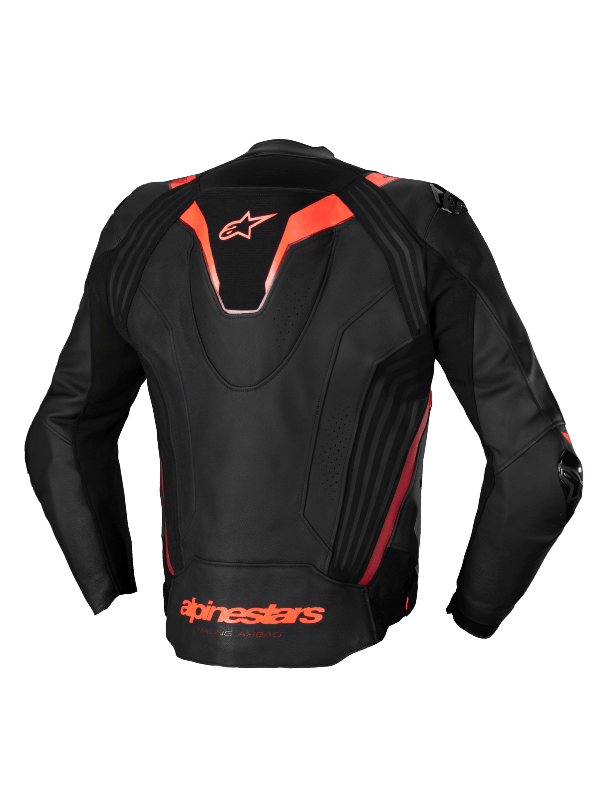 Alpinestars Missile V3 Ignition Leren Jas, heren race motorjas, zwart en rood fluo, CE-gecertificeerd, premium rundleer met sport aerodynamische rugbult en stretchpanelen, achteraanzicht