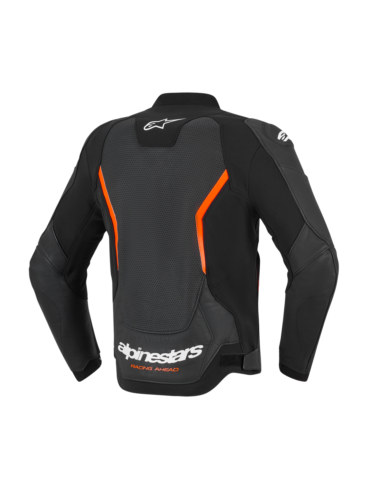 Veste en cuir Alpinestars GP Force V2 Air, vue arrière, noir et rouge fluo, dotée d'un grand panneau dorsal perforé pour le flux d'air, logo Alpinestars blanc et inscription 'Racing Ahead' en bas du dos, manches pré-courbées ergonomiques.
