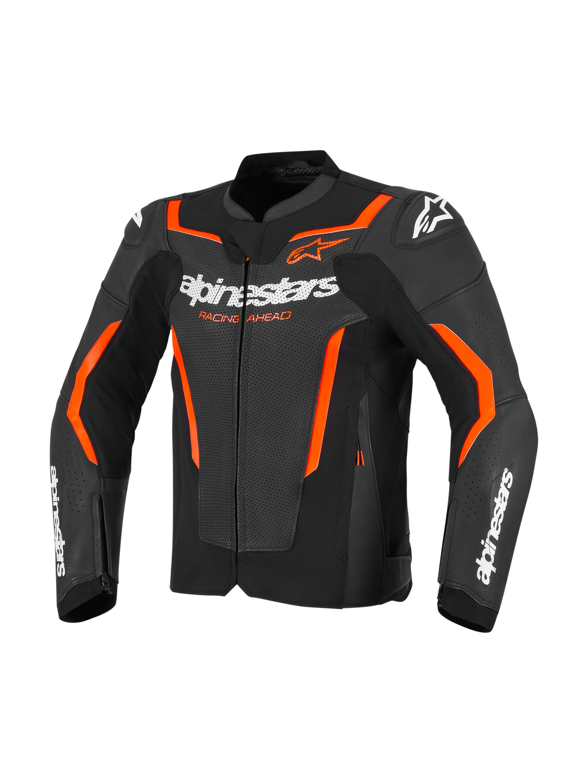 Veste en cuir Alpinestars GP Force V2 Air, Noir et Rouge Fluo, veste de moto en cuir perforé avec logo Alpinestars blanc sur la poitrine et les manches, accents orange vif et protections d'épaules intégrées, vue de face.