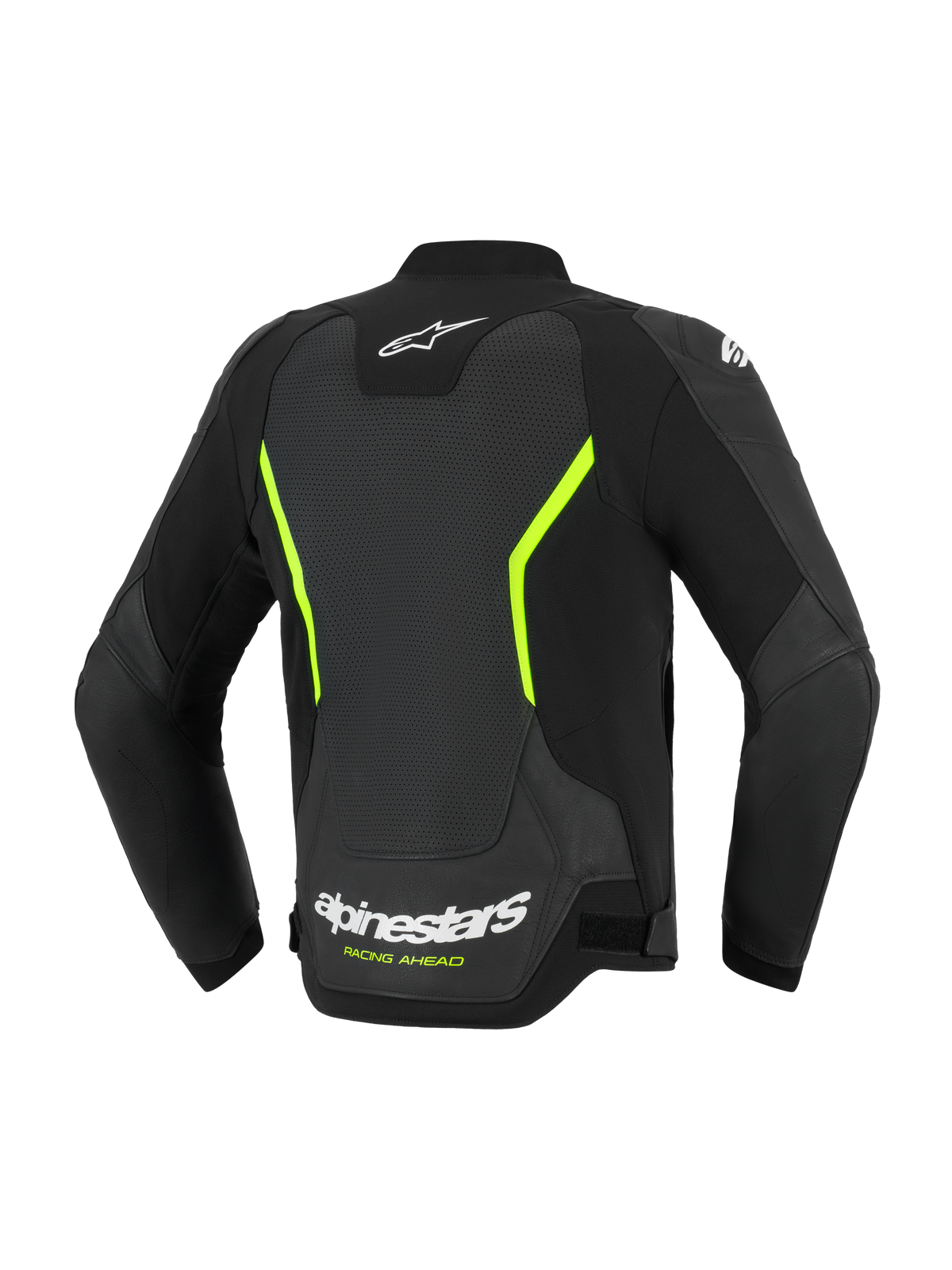 Alpinestars GP Force V2 Air Lederjacke, Motorrad-Straßenjacke, Schwarz und Gelb Fluo, Rückansicht mit großen perforierten Lederbahnen, weißen Alpinestars-Logos, leuchtend gelben Akzenten und einer sportlichen Performance-Passform