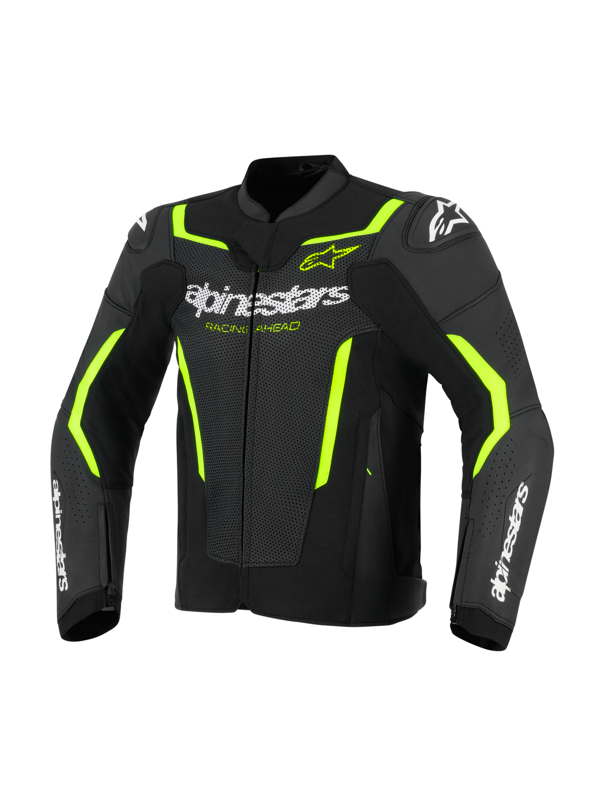 Alpinestars GP Force V2 Air Lederjacke, Motorrad-Lederjacke, Schwarz und Gelb Fluo, mit perforierten Ledereinsätzen für Luftzirkulation, auffälligem weißen Alpinestars-Branding auf der Brust und den Unterarmen sowie fluoreszierenden gelben Akzenten an Schultern und Ärmeln für einen sportlichen Look.