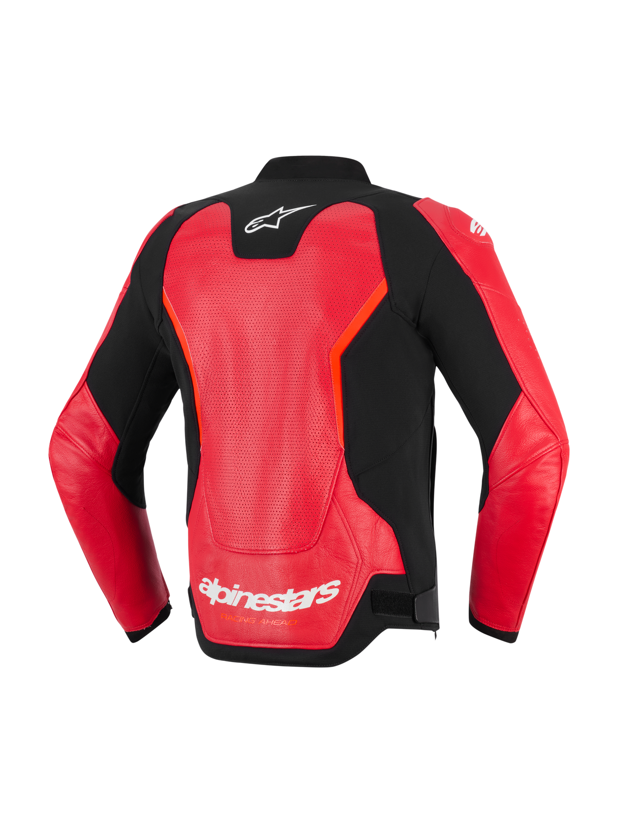 Blouson en cuir Alpinestars GP Force V2 Air, vue de dos, rouge et noir, doté d'un grand panneau en cuir perforé pour la ventilation, logo Alpinestars blanc sur le col et le bas du dos, design sportif pour la route