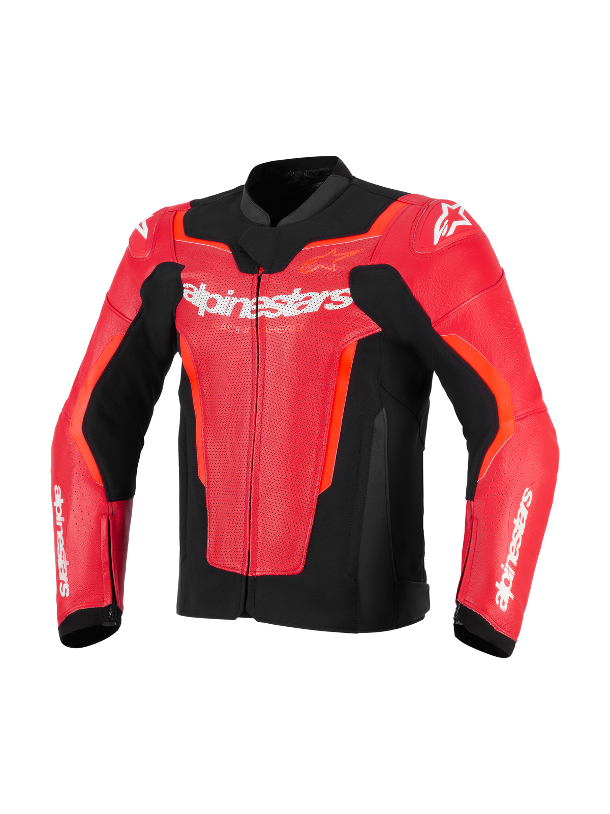 Veste en cuir Alpinestars GP Force V2 Air, rouge et rouge fluo avec accents noirs, cuir perforé pour la ventilation, logo Alpinestars blanc sur la poitrine, équipement de moto de course coupe sport