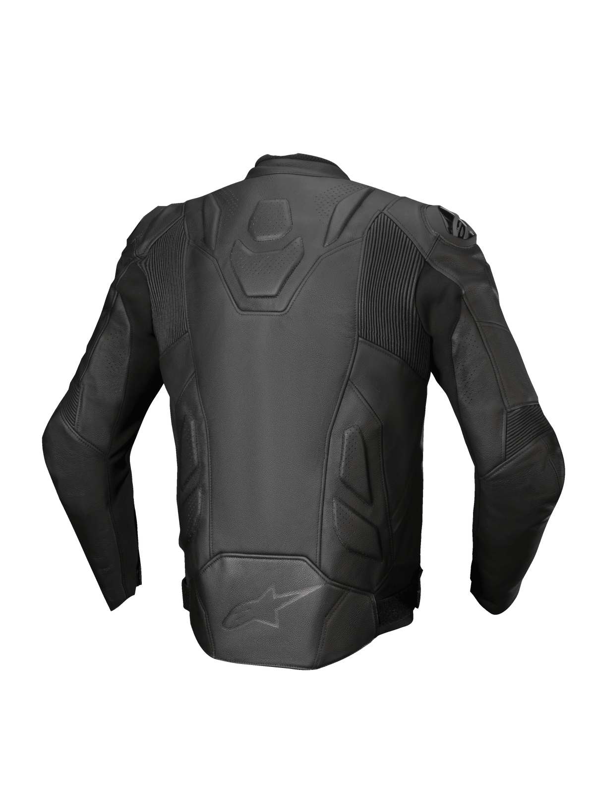 Alpinestars Dusk Lederjacke, Motorradjacke für Herren, Rückansicht, Schwarz, Premium-Leder mit Stretch-Akkordeon-Einsätzen.