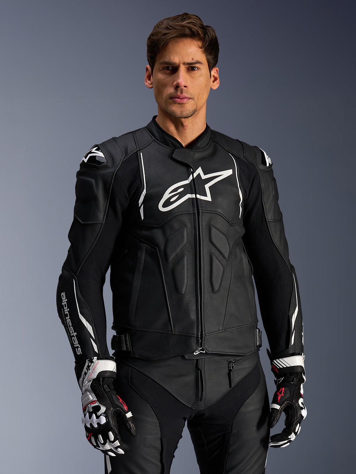 Alpinestars Dusk Leather Jacket, Black and White, Men's bovine leather motorcycle racing jacket, Tech-Air Ready.