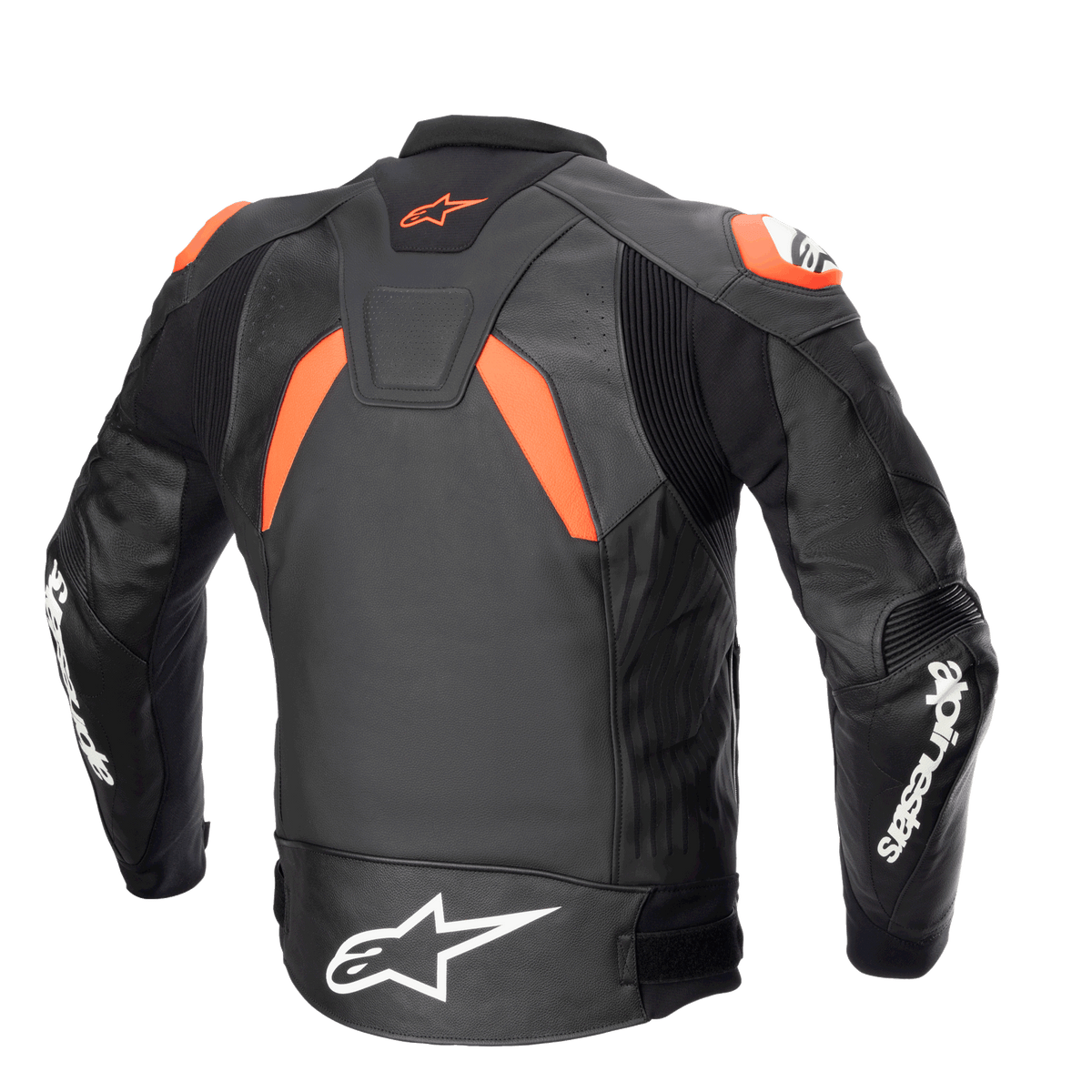 Alpinestars GP Plus V4 Lederjacke, Schwarz, Neonrot und Weiß, Rückansicht mit Performance-Stretcheinsätzen und Schultergleitern, markante weiße Alpinestars-Logos auf den Ärmeln und am Bund, vom Rennsport inspirierte sportliche Silhouette