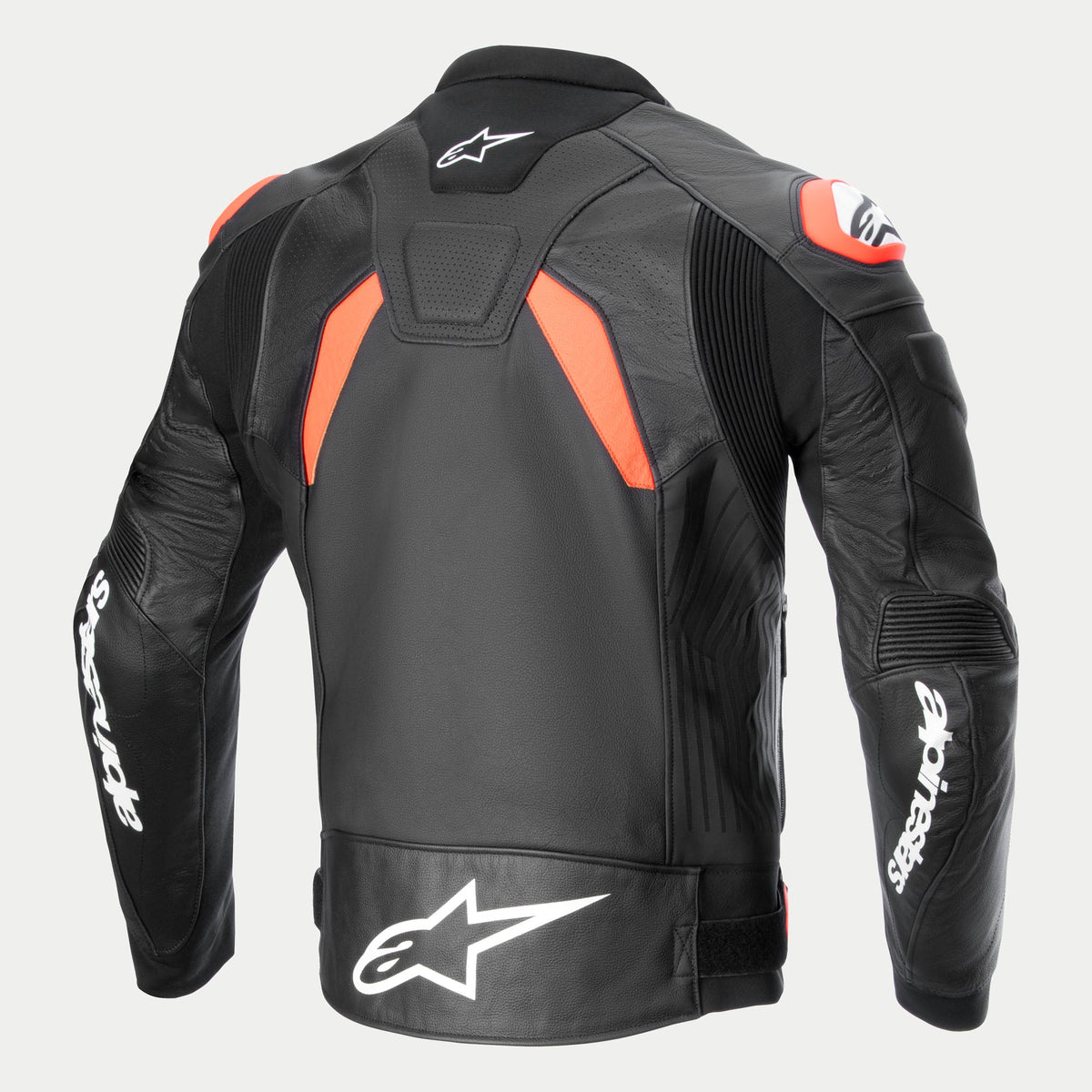 Alpinestars Veste En Cuir GP Plus R V4 Airflow, blouson de moto pour homme, vue de dos en noir avec des accents rouges et blancs, en cuir ventilé avec inserts techniques