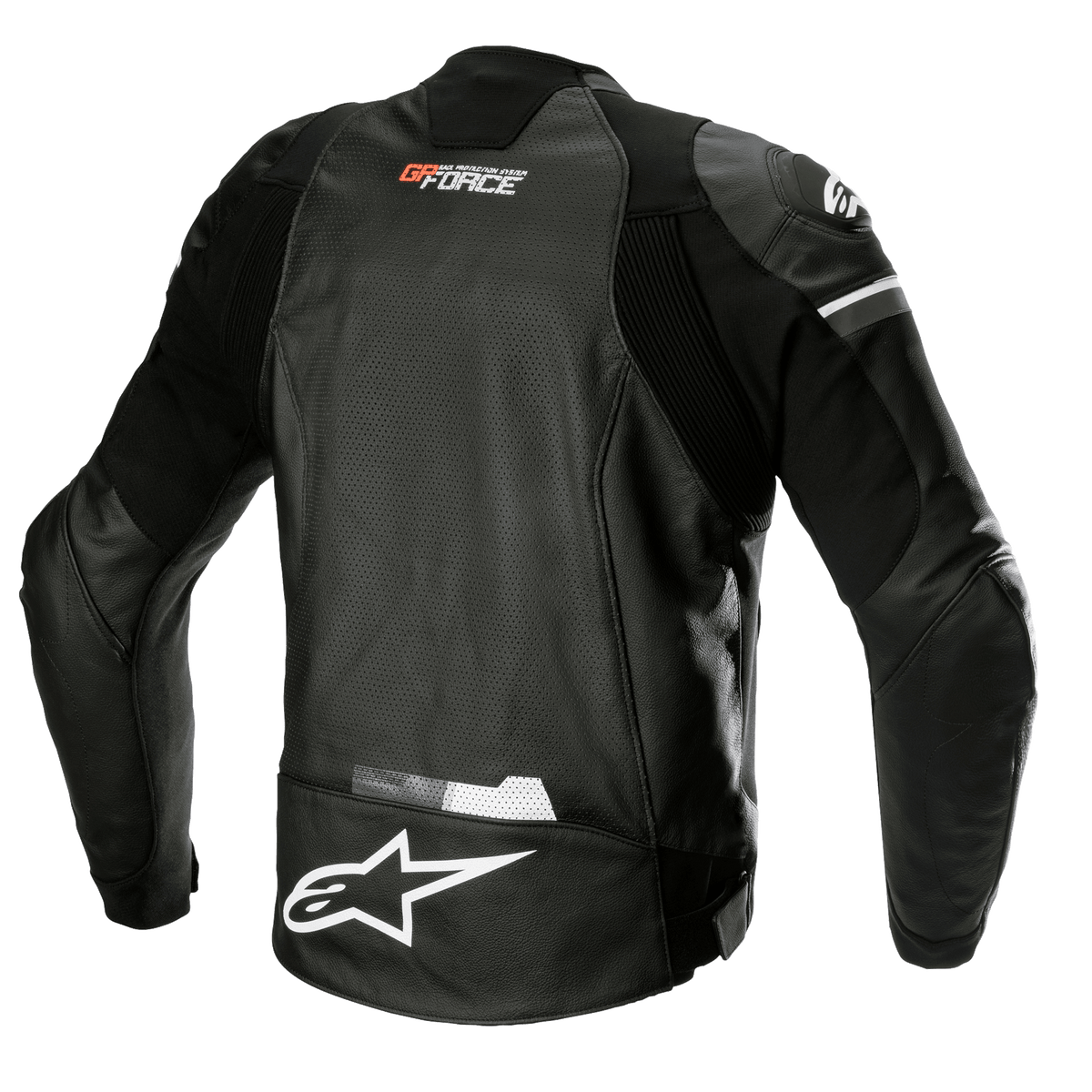 Alpinestars GP Force Airflow leren jas, zwart, achteraanzicht met geperforeerd buffelleer voor ventilatie, GP Force-branding op de nek, groot wit Alpinestars-sterlogo op de onderrug en geïntegreerde stretchpanelen voor een sportieve rijpasvorm