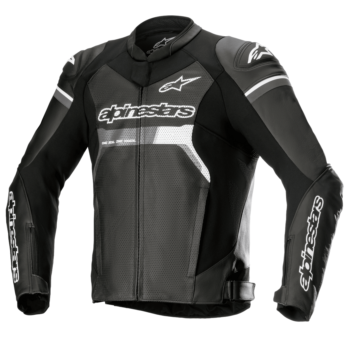 Alpinestars GP Force Airflow leren jas, zwart met witte en grijze accenten, motorracejas, volledig geperforeerd leer op de borst en rug voor ventilatie, externe DFS Lite schoudersliders, witte Alpinestars-logo's op de borst en mouwen, sportief ontwerp voor rijden op de weg