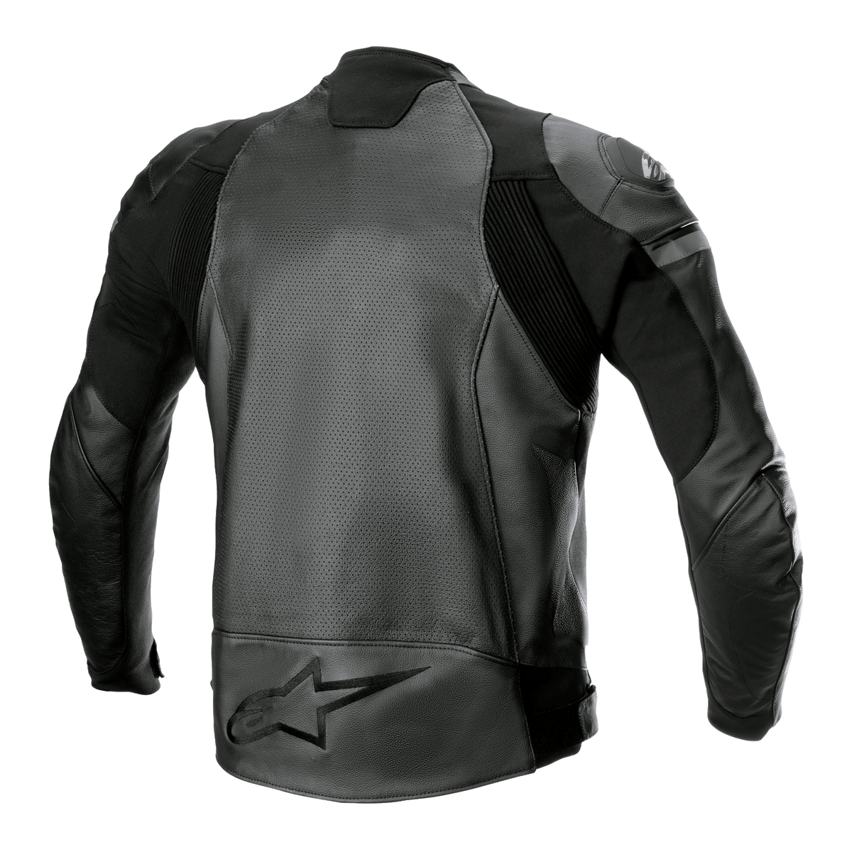 Veste en cuir Alpinestars GP Force Airflow, noir, vue arrière avec panneaux en cuir de buffle perforé, inserts extensibles en accordéon et grand logo étoile embossé sur le bas du dos, équipement de course moto sportive